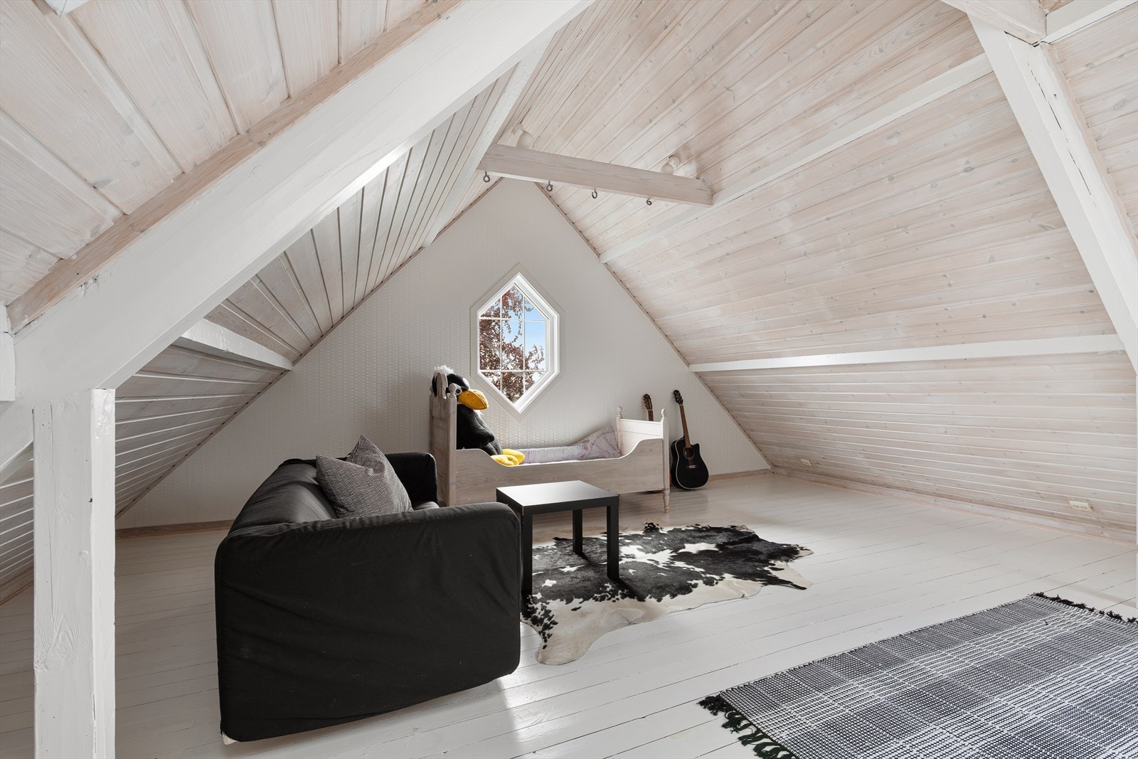 Loftstuen er et lyst og åpent rom med trepanel i taket. Perfekt som tv-stue, lekerom eller kontor. Galleribilde