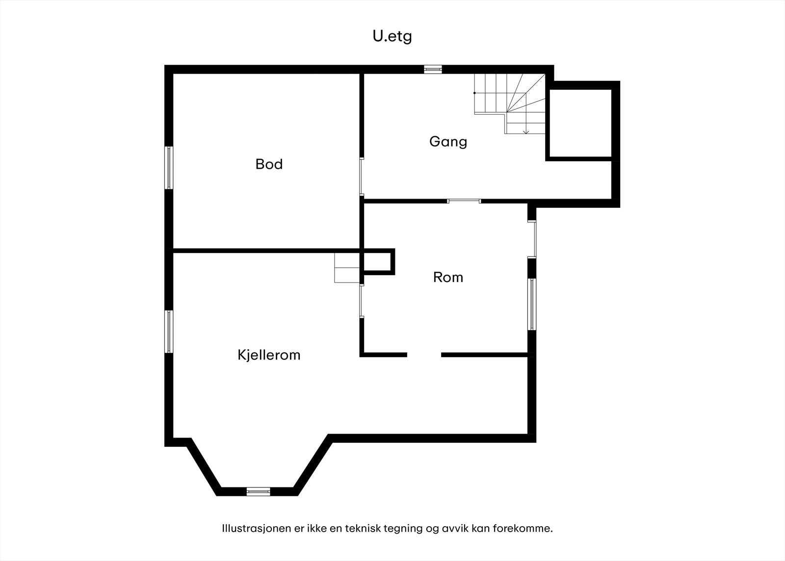 Kjelleren består av gang og uinnredede rom med gode lagringsmuligheter. Galleribilde