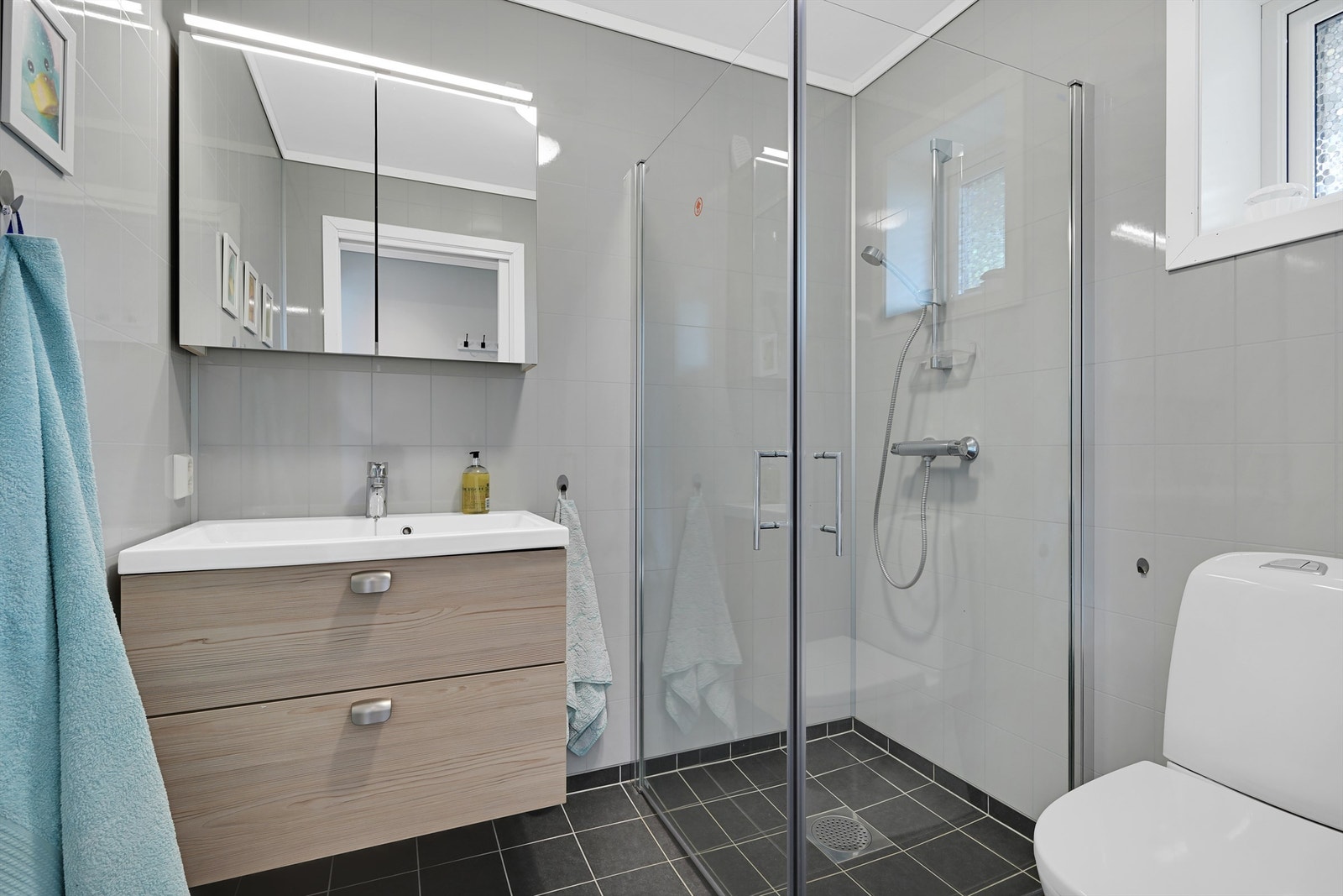 Badet i underetasjen er utstyrt med dusjhjørne, servantinnredning og toalett. Galleribilde