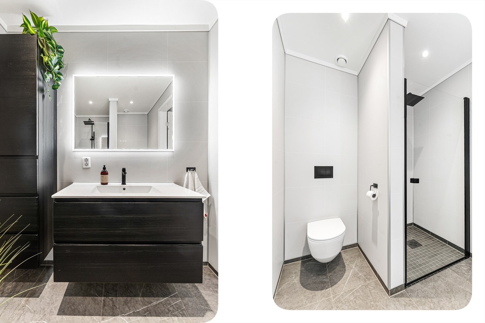 Badet i første etasje har flislagt gulv, baderomsplater på veggene og et dusjhjørne med glassvegger. Galleribilde