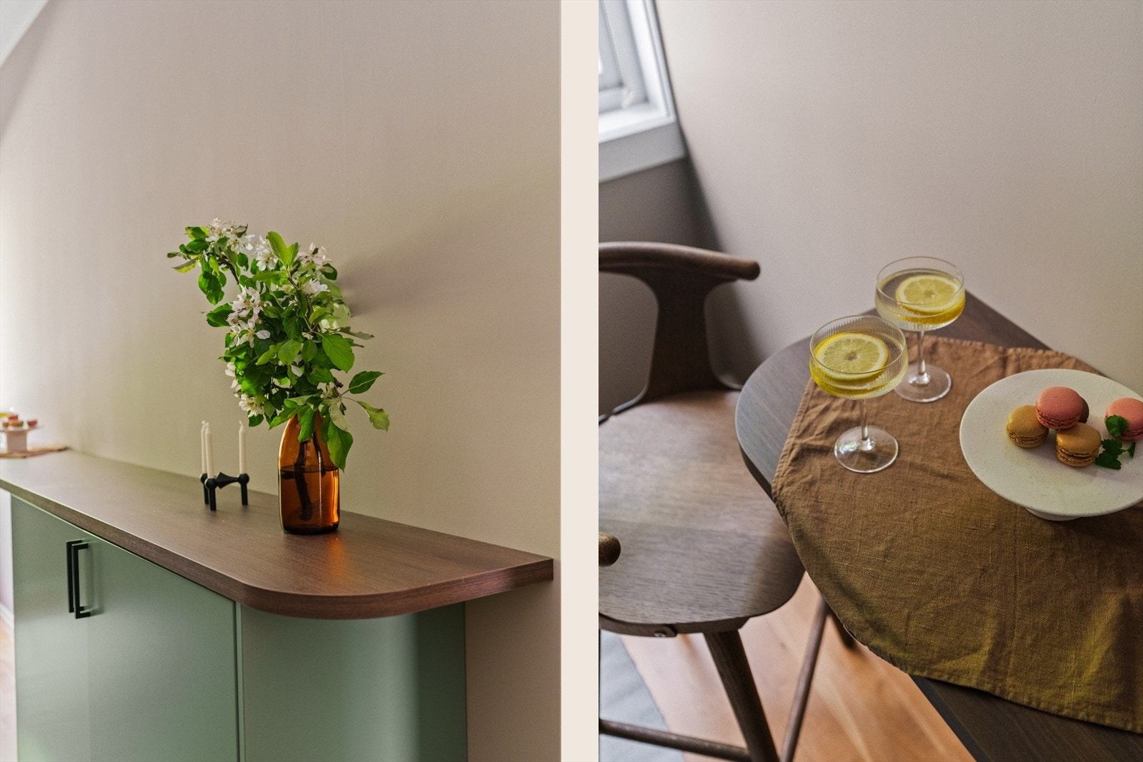 Praktisk med en ekstra benkeplate som kan brukes både som arbeidsplass til matlaging og spiseplass til de raske måltidene Galleribilde
