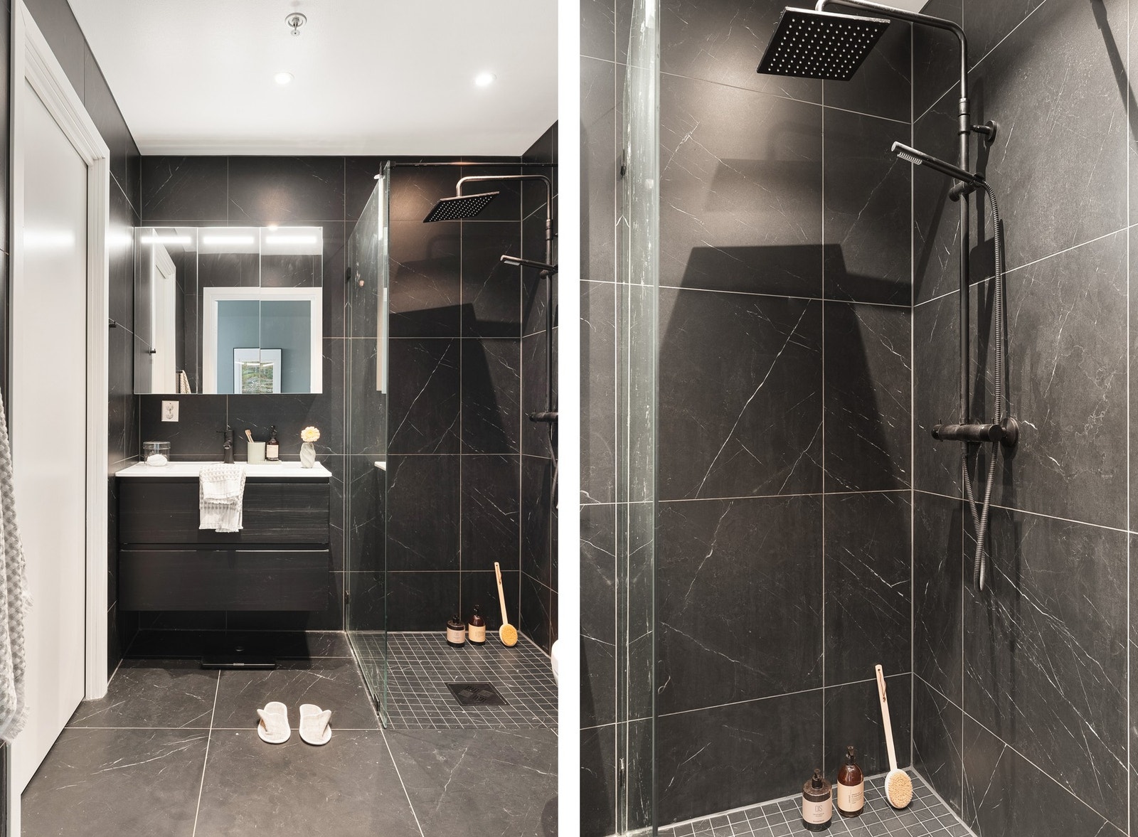 Badet er helfliset med sorte fliser og innredning fra Norema, og er utstyrt med dusj med glassvegg, vegghengt toalett og baderomsinnredning. Det er også innfelte downlights og varmekabler i gulv for ekstra komfort. Galleribilde