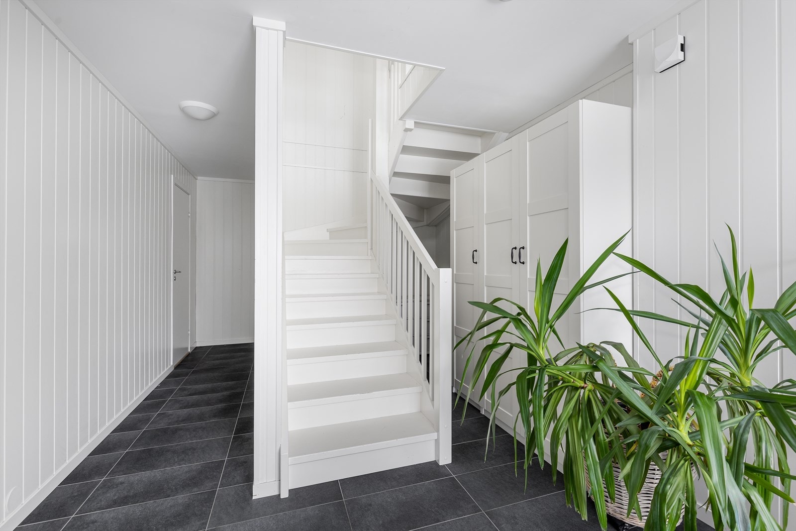 Stor og romslig gang med muligheter til oppbevaring og lagring under trappen. Galleribilde