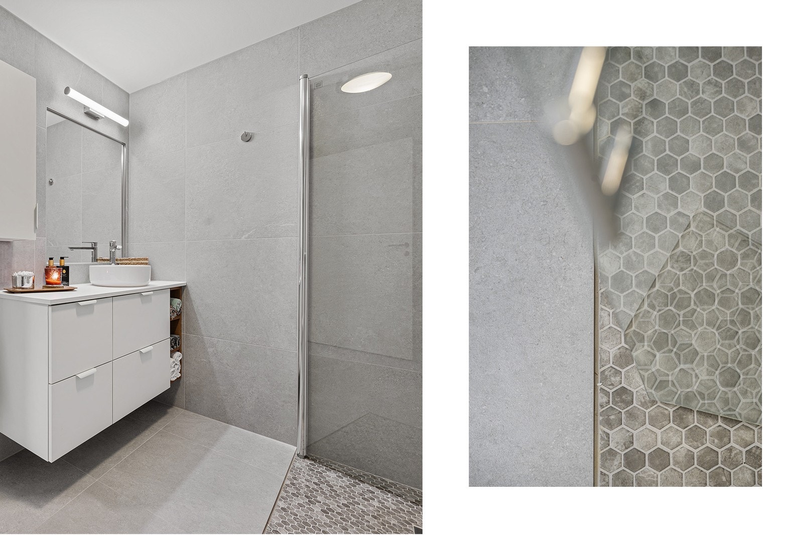 Store fliser i 60x60-format på både gulv og vegger skaper et rolig og helhetlig preg, mens den elegante dusjsonen er utført med dekorativ mosaikk og innfellbare dusjvegger i herdet glass. Galleribilde