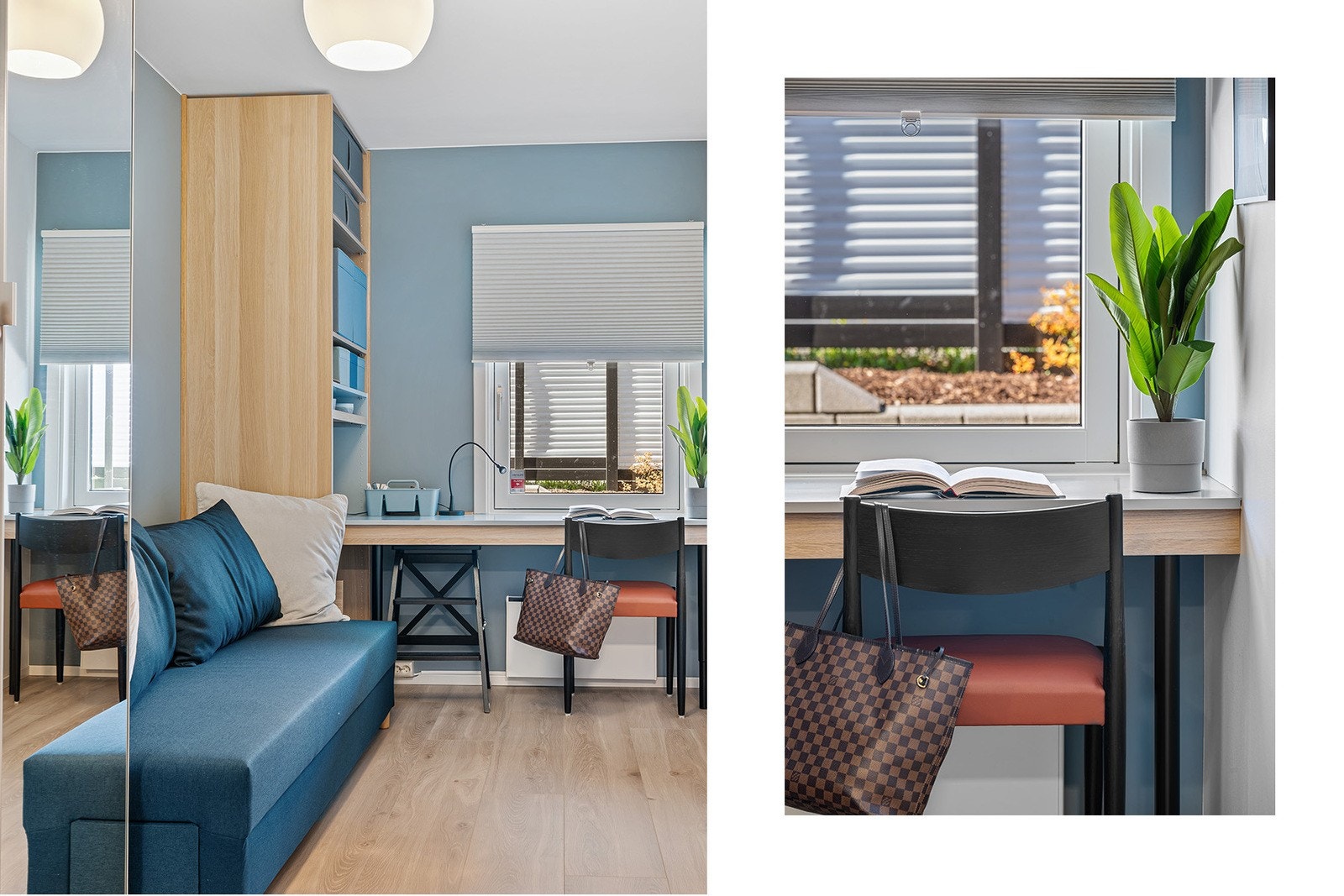 Funksjonelt soverom med plassbygget reol og integrert skrivebord under vinduet, som gir en hyggelig arbeidsplass med utsyn mot uteområdet. Galleribilde