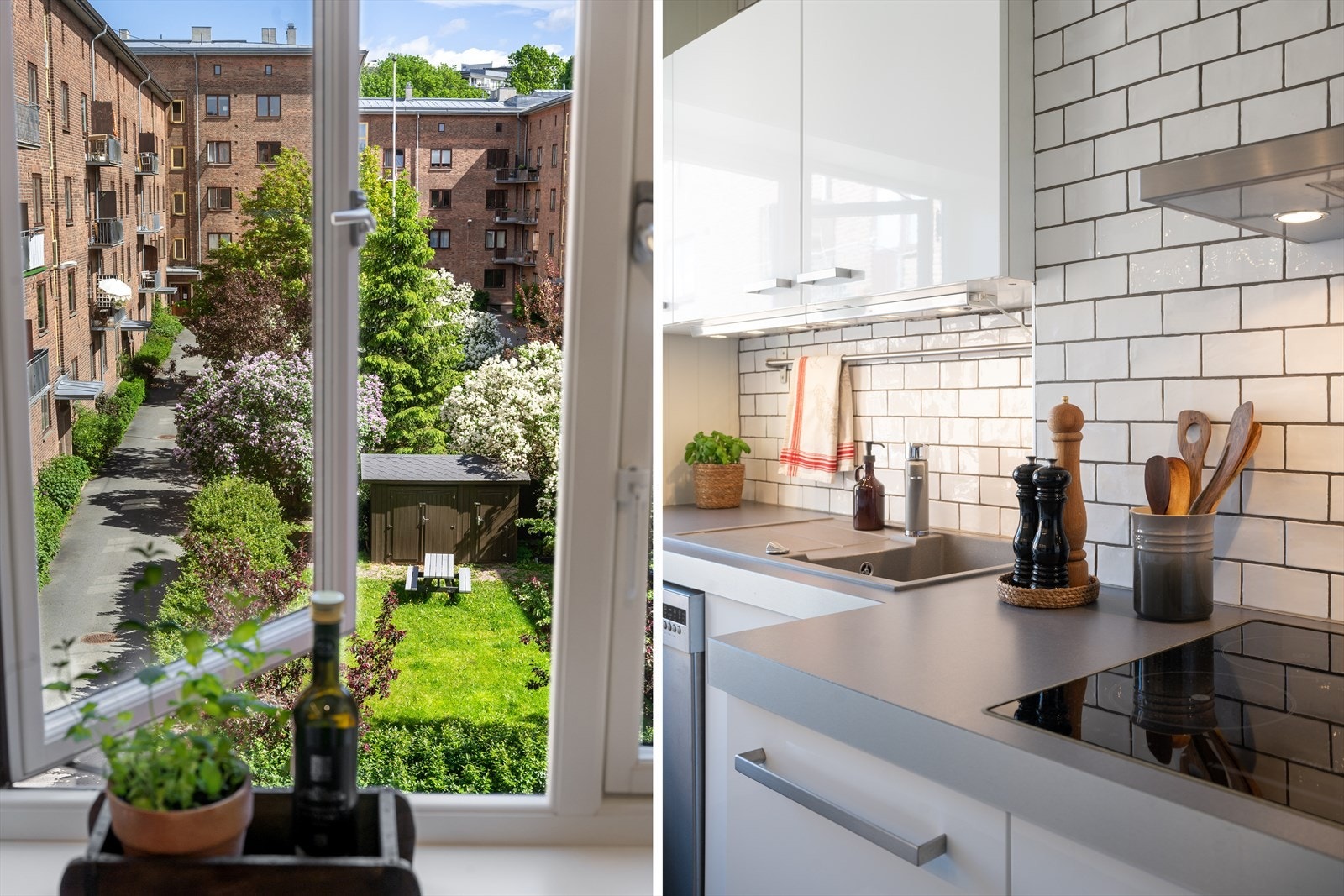 De store vindusflatene fyller rommet med dagslys, og her har man også nydelig utsyn mot den frodige bakgårdshagen Galleribilde