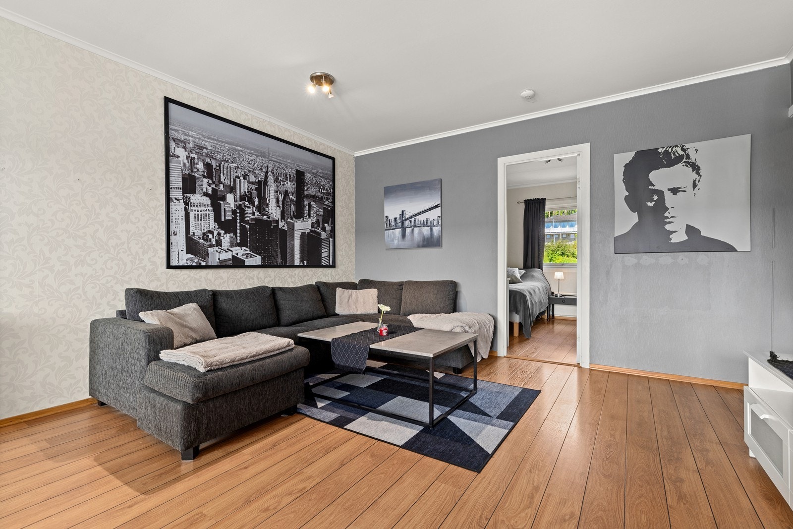 Stuen har god plass til en romslig sofagruppe. Galleribilde