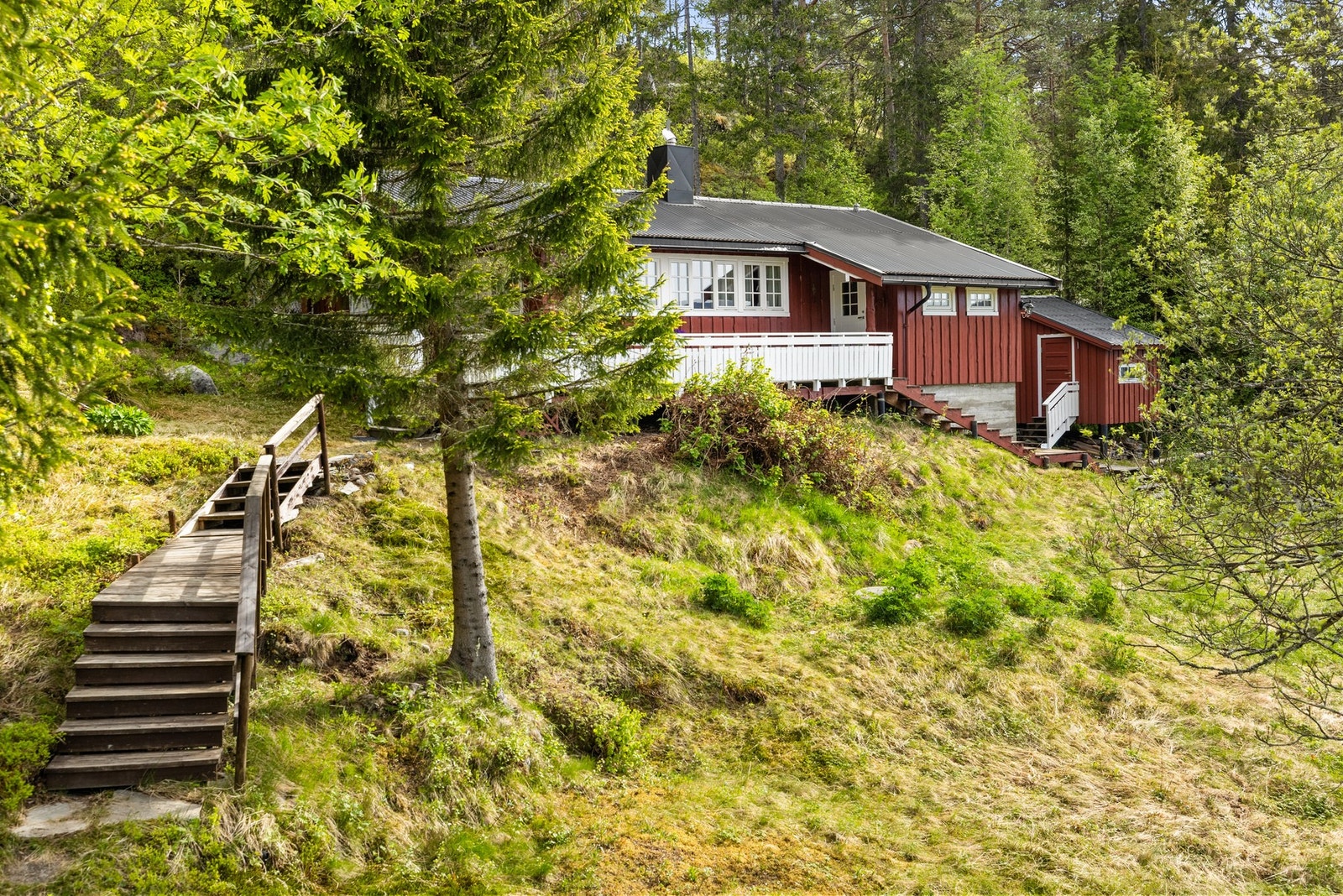 Hytta er fint integrert i terrenget Galleribilde