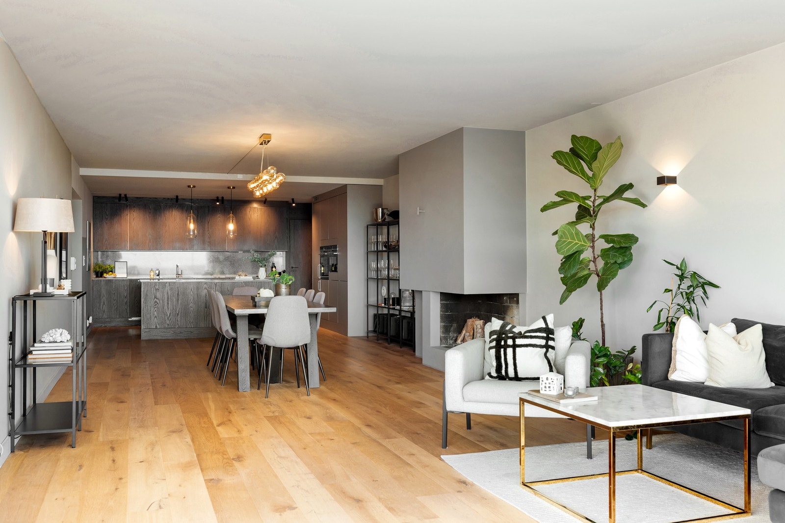 Rommet har god plass til både sofaløsning med tilhørende møblement og langbord i tilknytning til kjøkkenet. Galleribilde