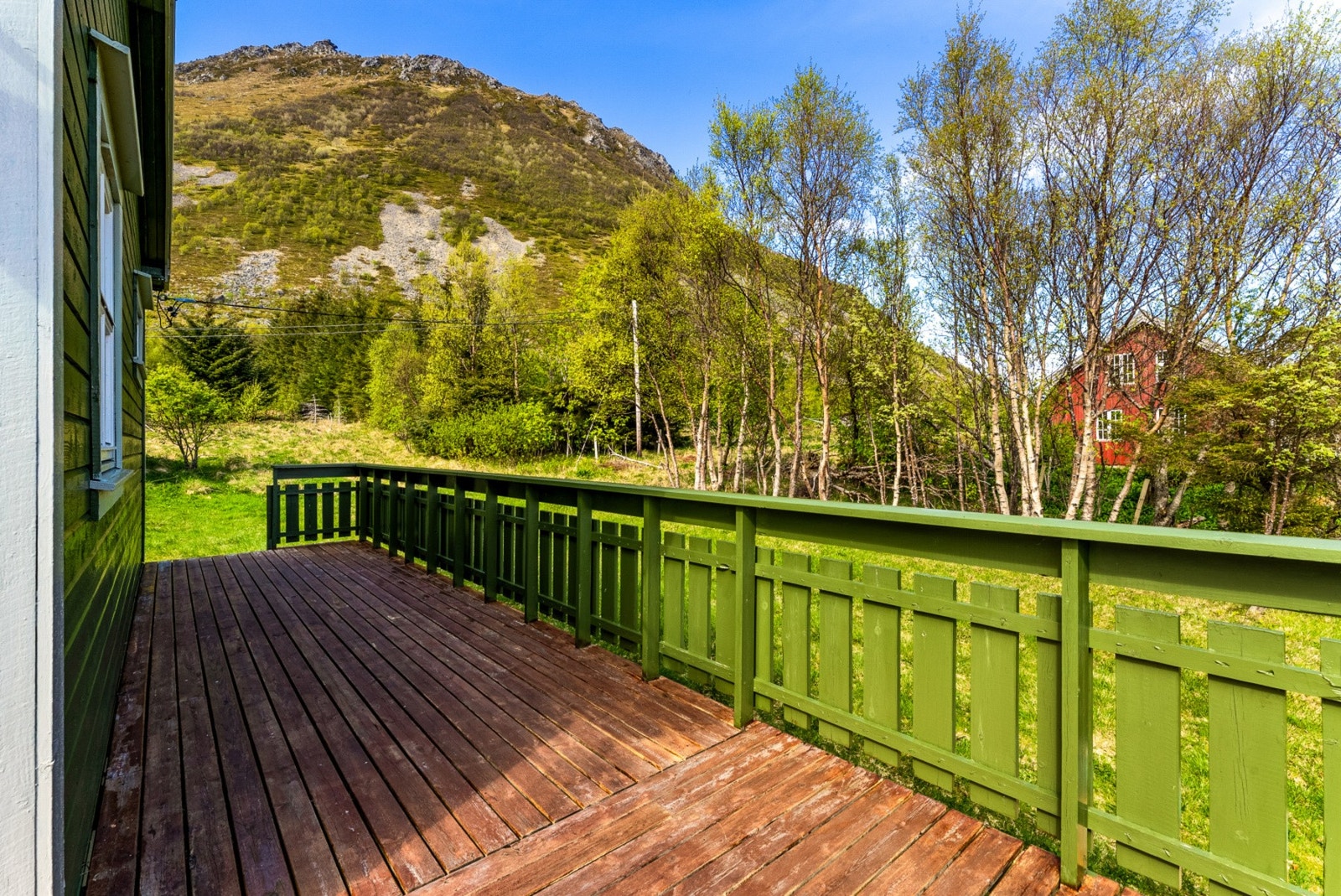Utsyn mot den store, skrånende tomten og fjellene bak. Galleribilde
