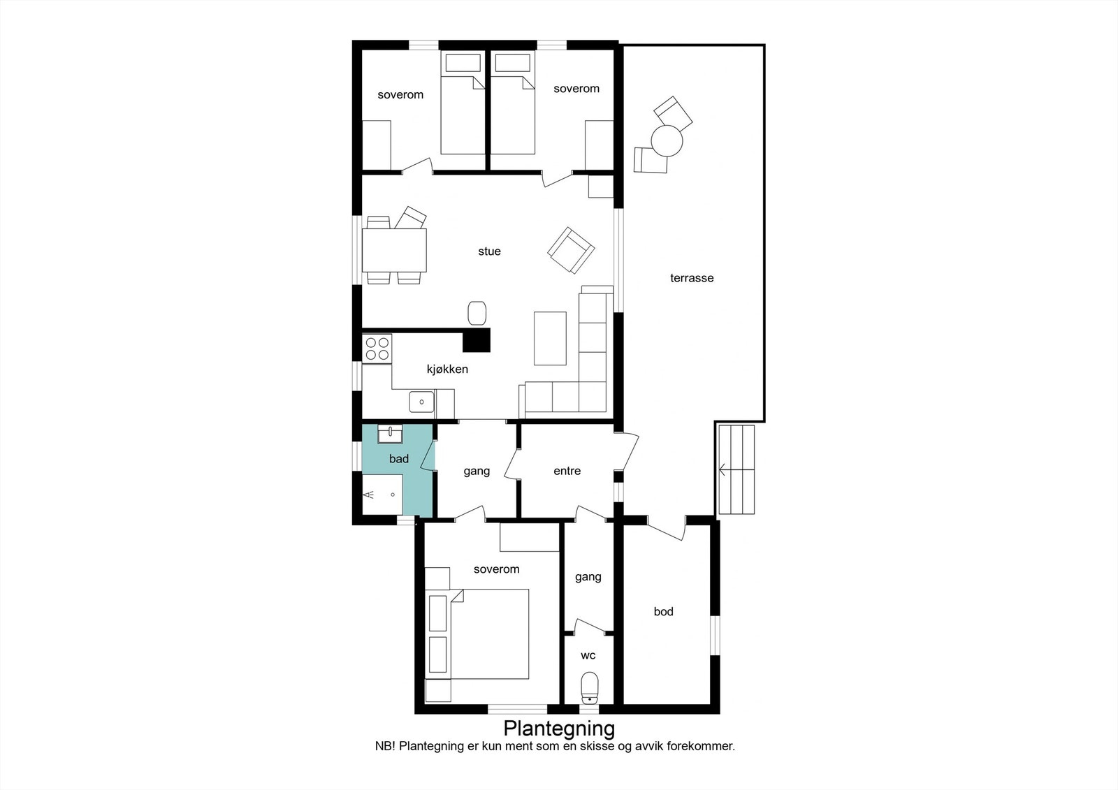 Hytta har en praktisk planløsning på ett plan, med tre soverom og adskilt stue- og kjøkkensone. Galleribilde