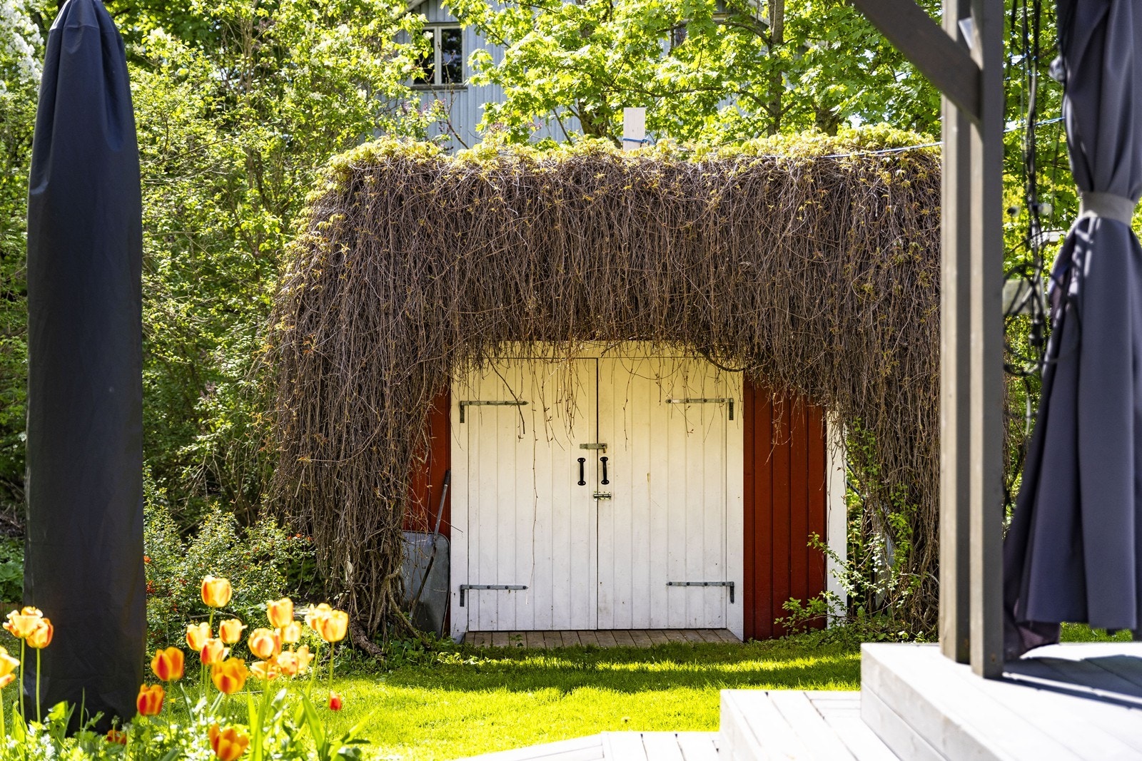 Frittliggende redskapsbod på ca. 12 m² for lagring av hageredskaper og utstyr. Galleribilde