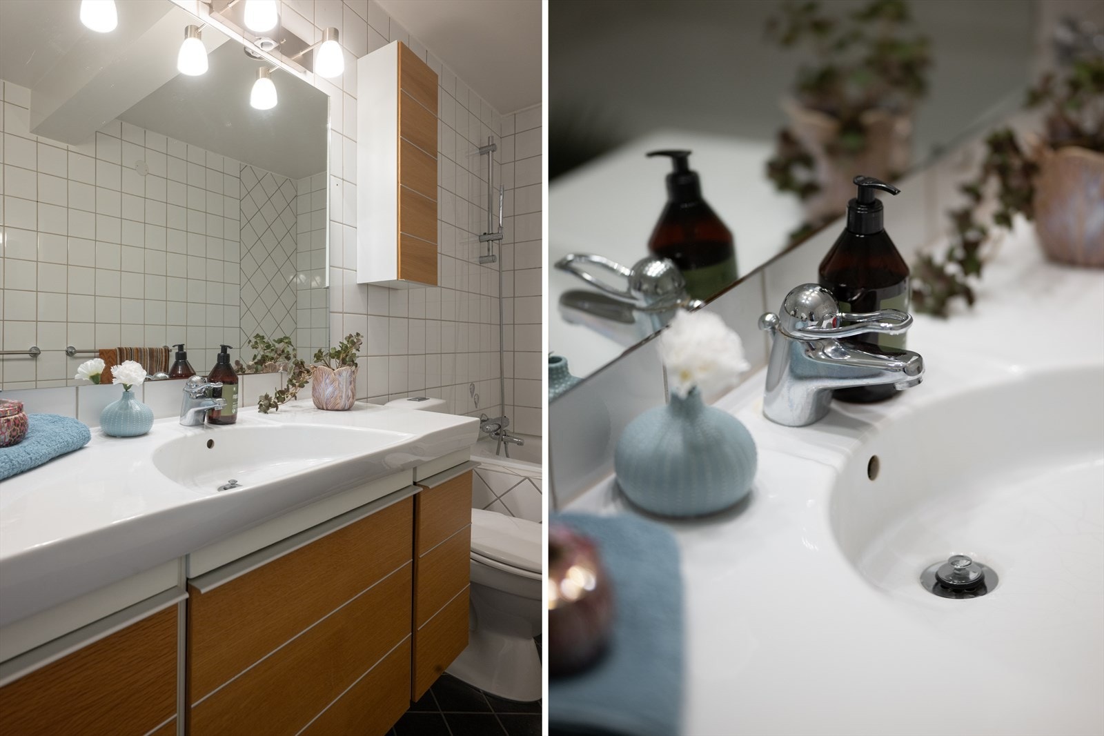 Badet har flislagte overflater og behagelige varmekabler i gulv -Her finner du både badekar og opplegg for vaskemaskin Galleribilde