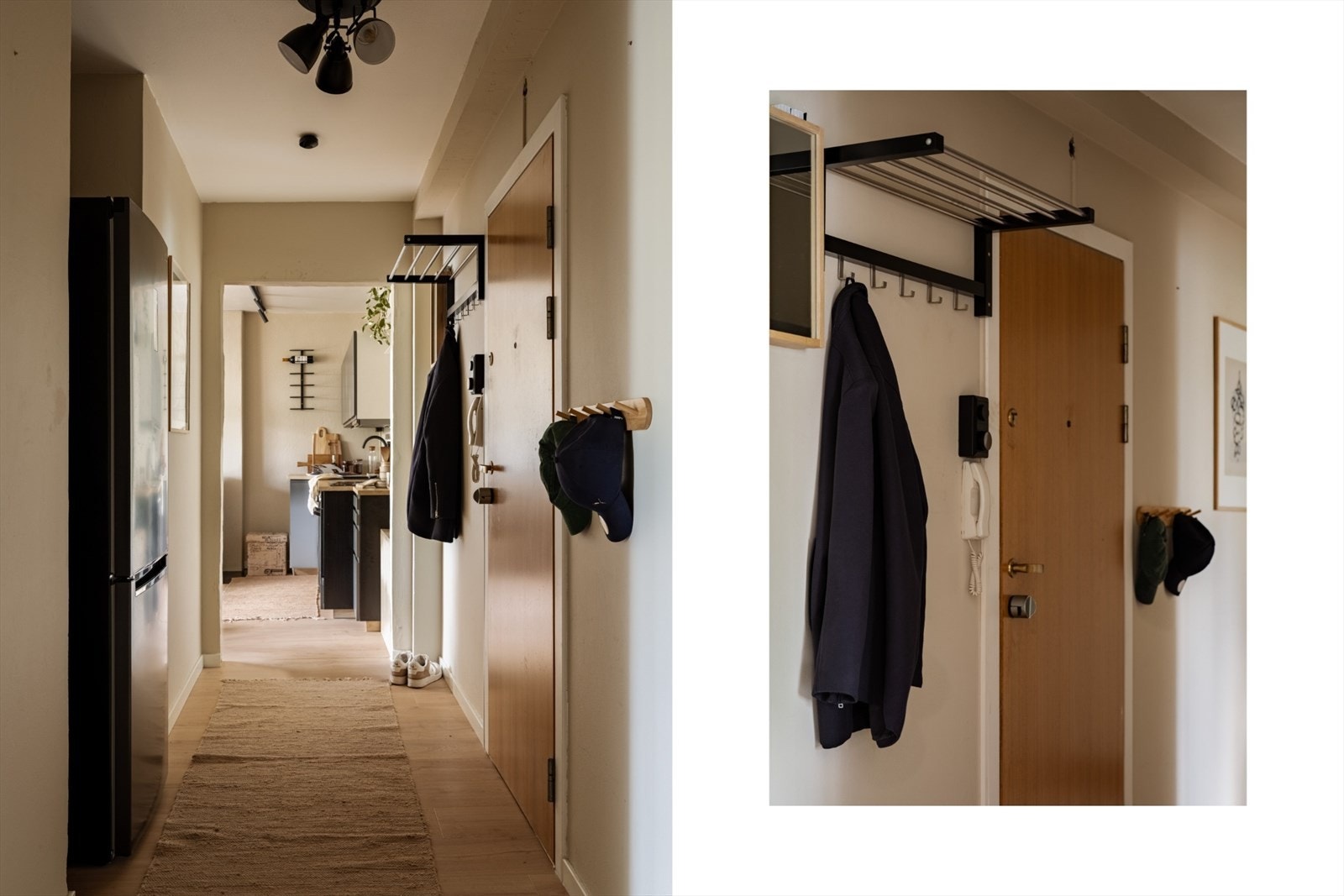 I entréen er det plass til både oppheng av yttertøy, og en praktisk løsning for plassering av kjøleskap. Galleribilde