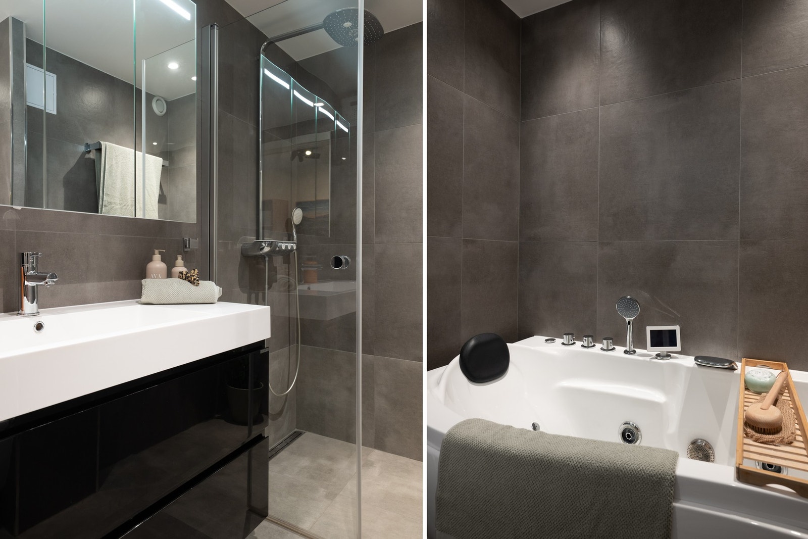Badet har både dusjhjørne med regnfallsdusj og badekar, en praktisk kombinasjon som passer godt for både hverdag og småbarnsfamilier. Galleribilde