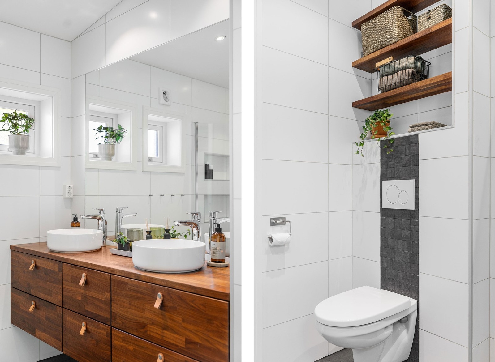Badet har to vasker, vegghengt toalett og hyller for oppbevaring. Galleribilde