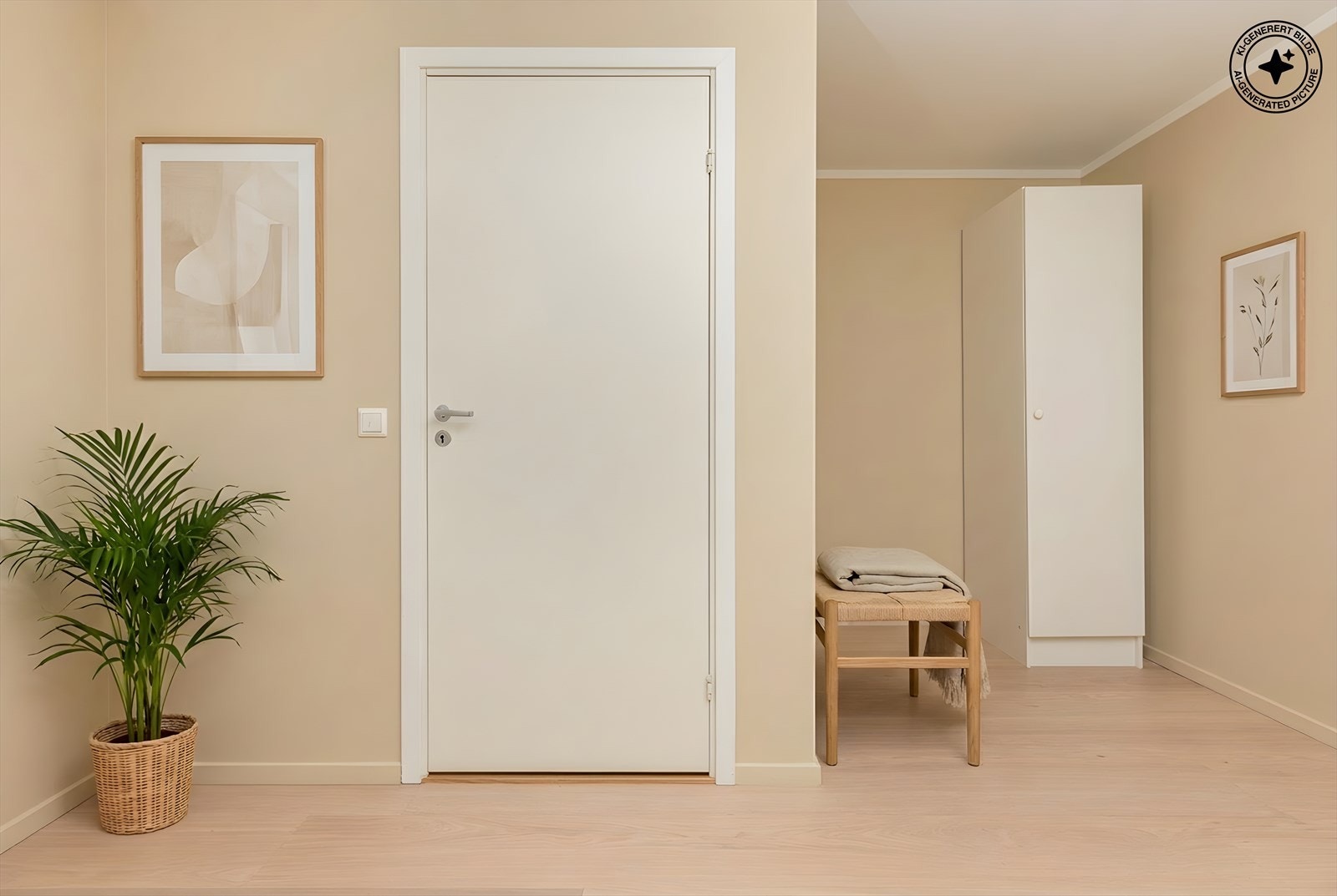Dette bildet er generert ved bruk av AI og viser et forslag til innredning av entre og gang. Galleribilde