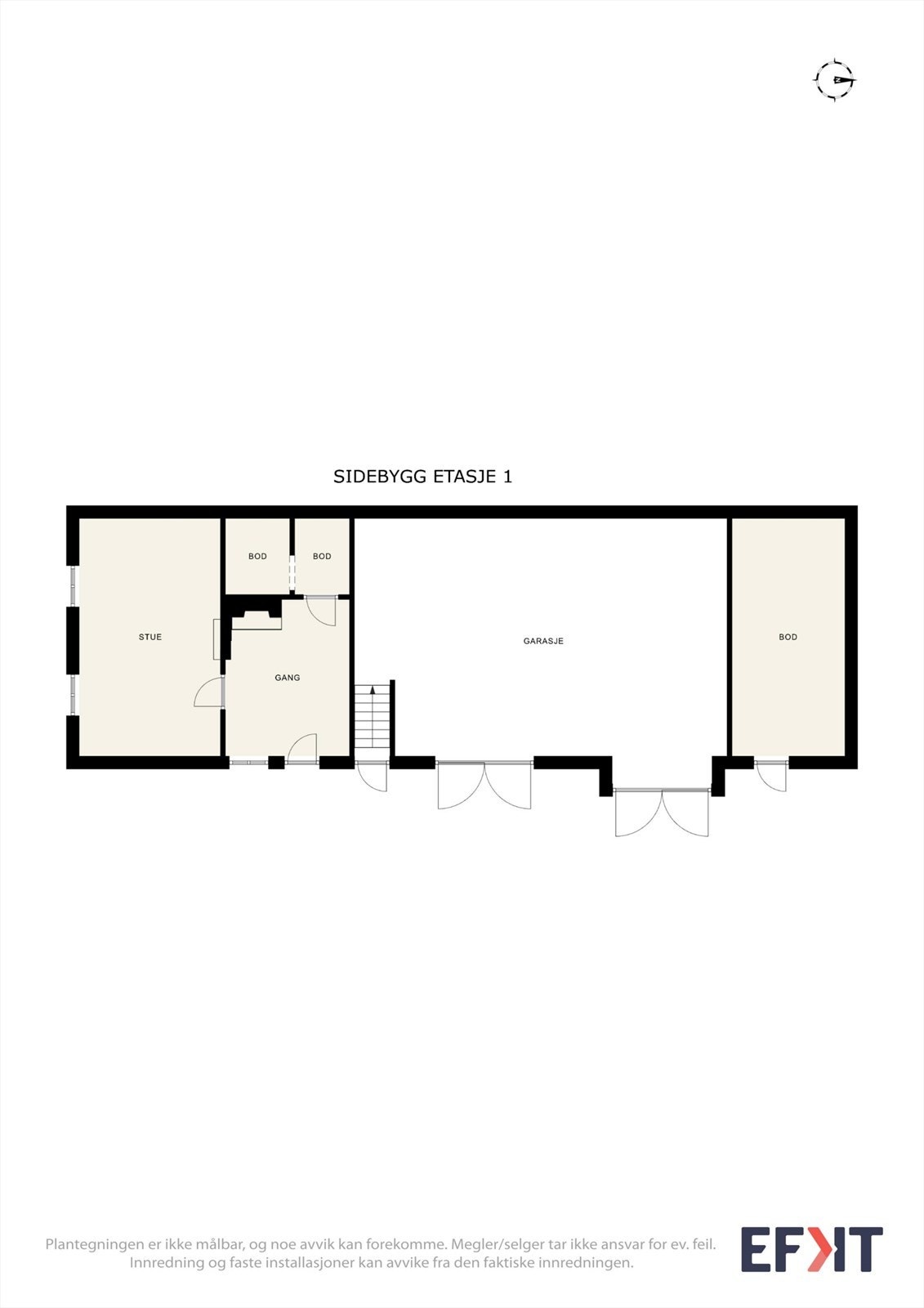 Plantegning for første etasje i bryggerhuset, som inneholder garasje, boder og innredet rom. Galleribilde