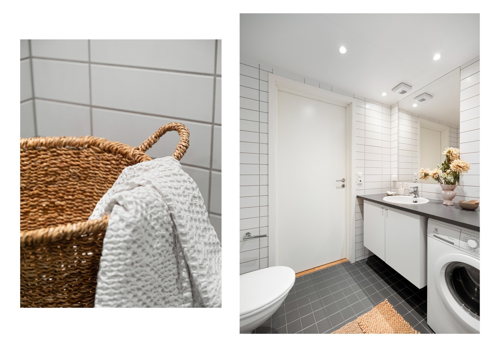 Innredningen her inne består av toalett, servant med romslig benkeplate og underskap, dusjhjørne med innfellbare glassdører samt plass og opplegg til vaskemaskin og tørk. Det er også downlights i himling og varme i gulv. Galleribilde