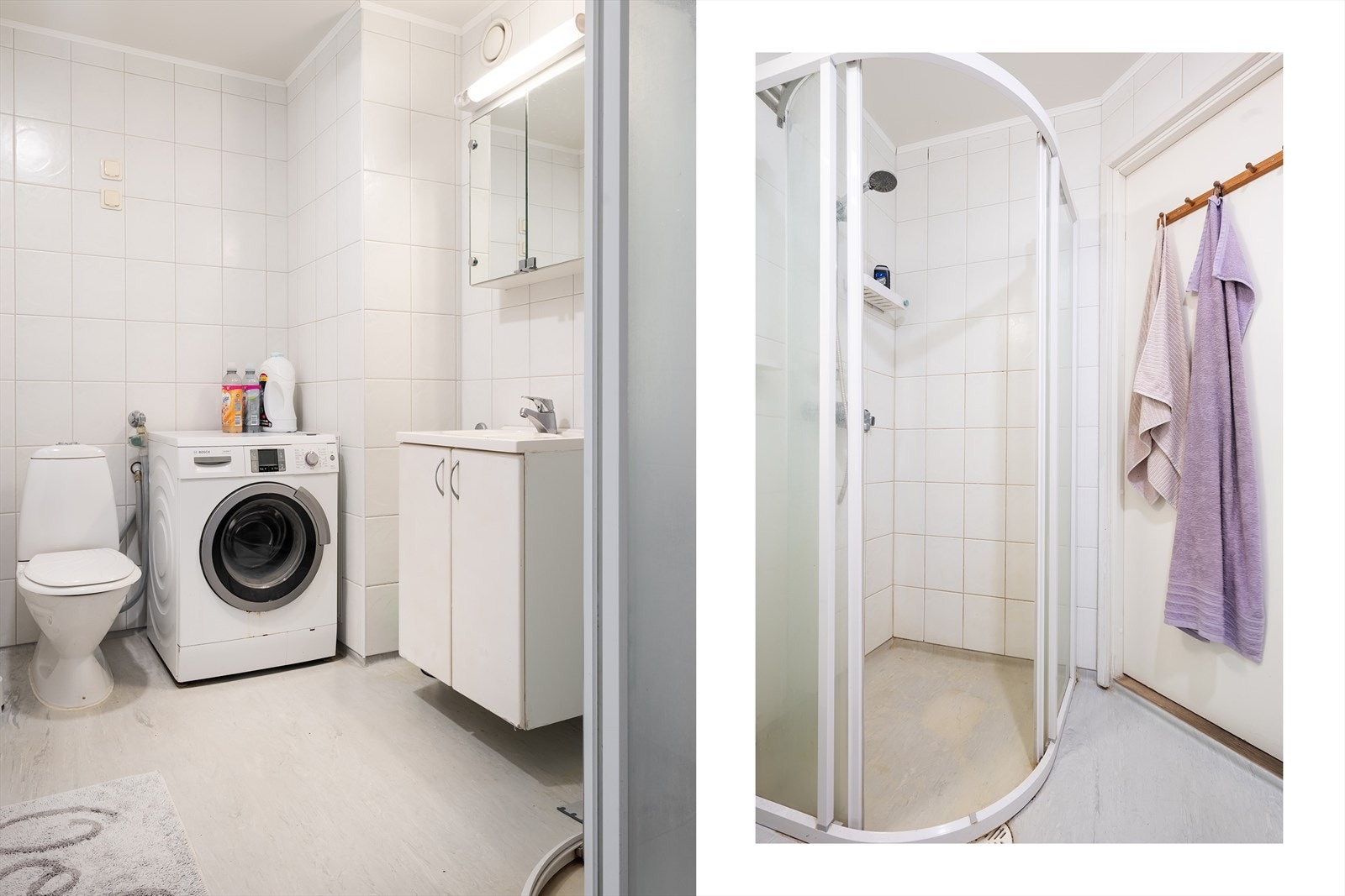 Badet er innredet med hvite fliser på veggene og lysegrått vinylbelegg på gulvet. Galleribilde
