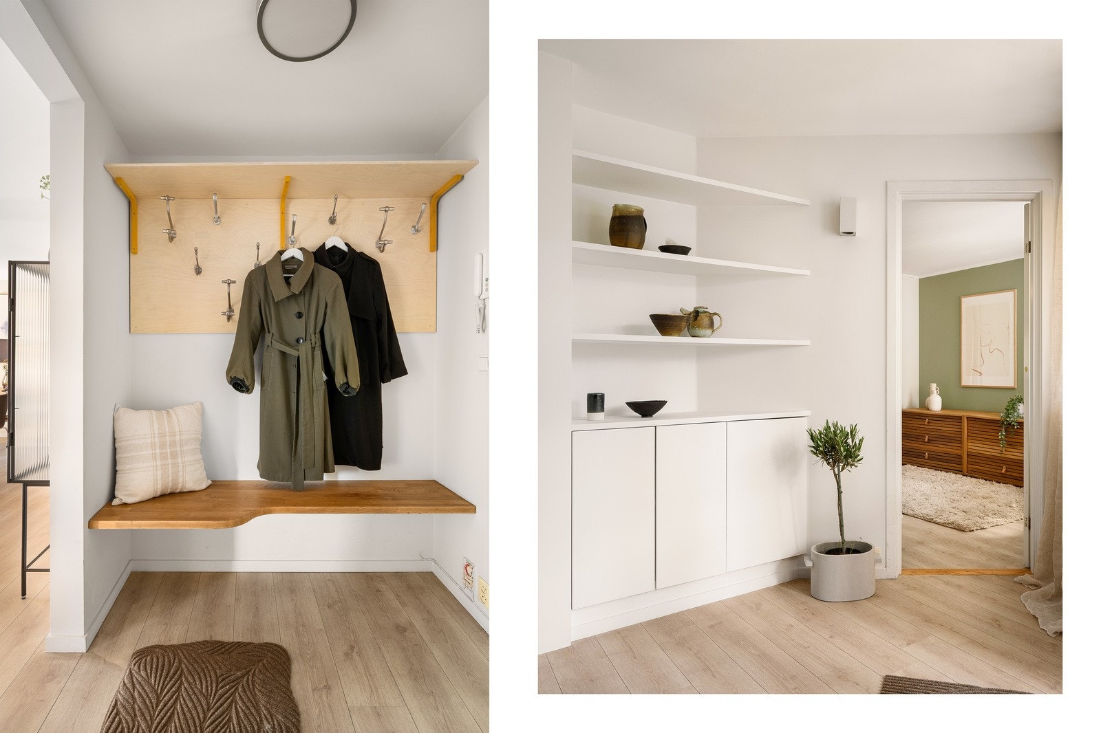 Innbydende entré med god plass til sko og yttertøy, i den unike, snekkerbygde hylleløsningen Galleribilde