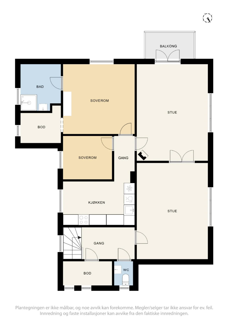 Hovedetasjen har en innholdsrik planløsning med blant annet to stuer, to soverom, kjøkken, bad og separat wc. Galleribilde