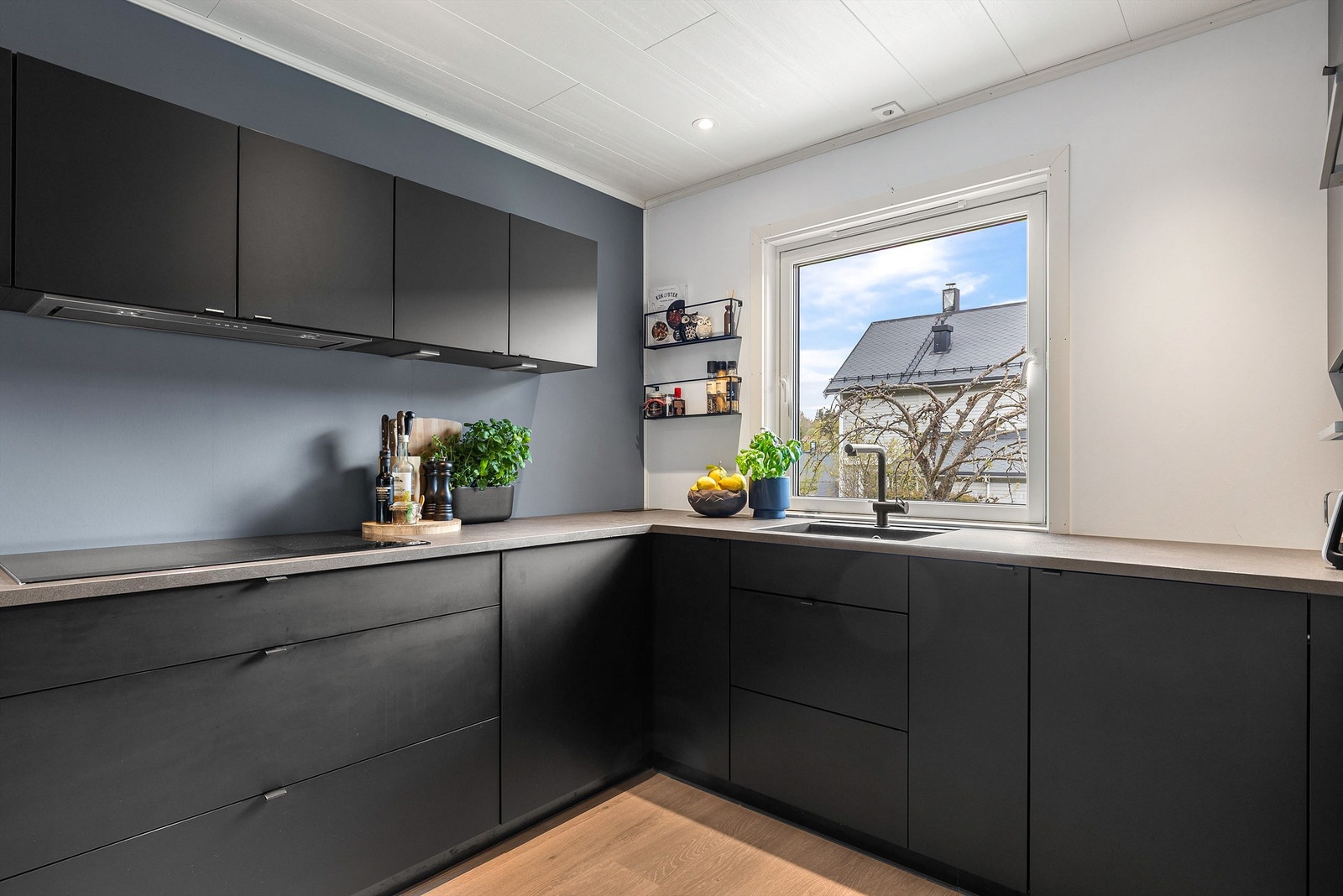 Store benkeflater gir godt med arbeidsplass på kjøkkenet. Det er rikelig med oppbevaringsplass i både skuffer og skap. Galleribilde