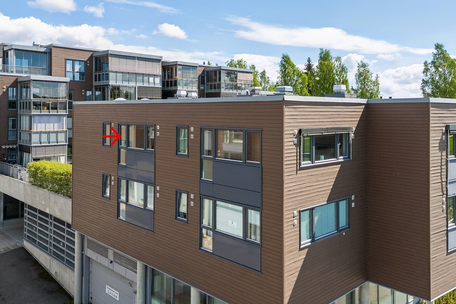 Pilen viser leilighetens beliggenhet i bygget. Galleribilde