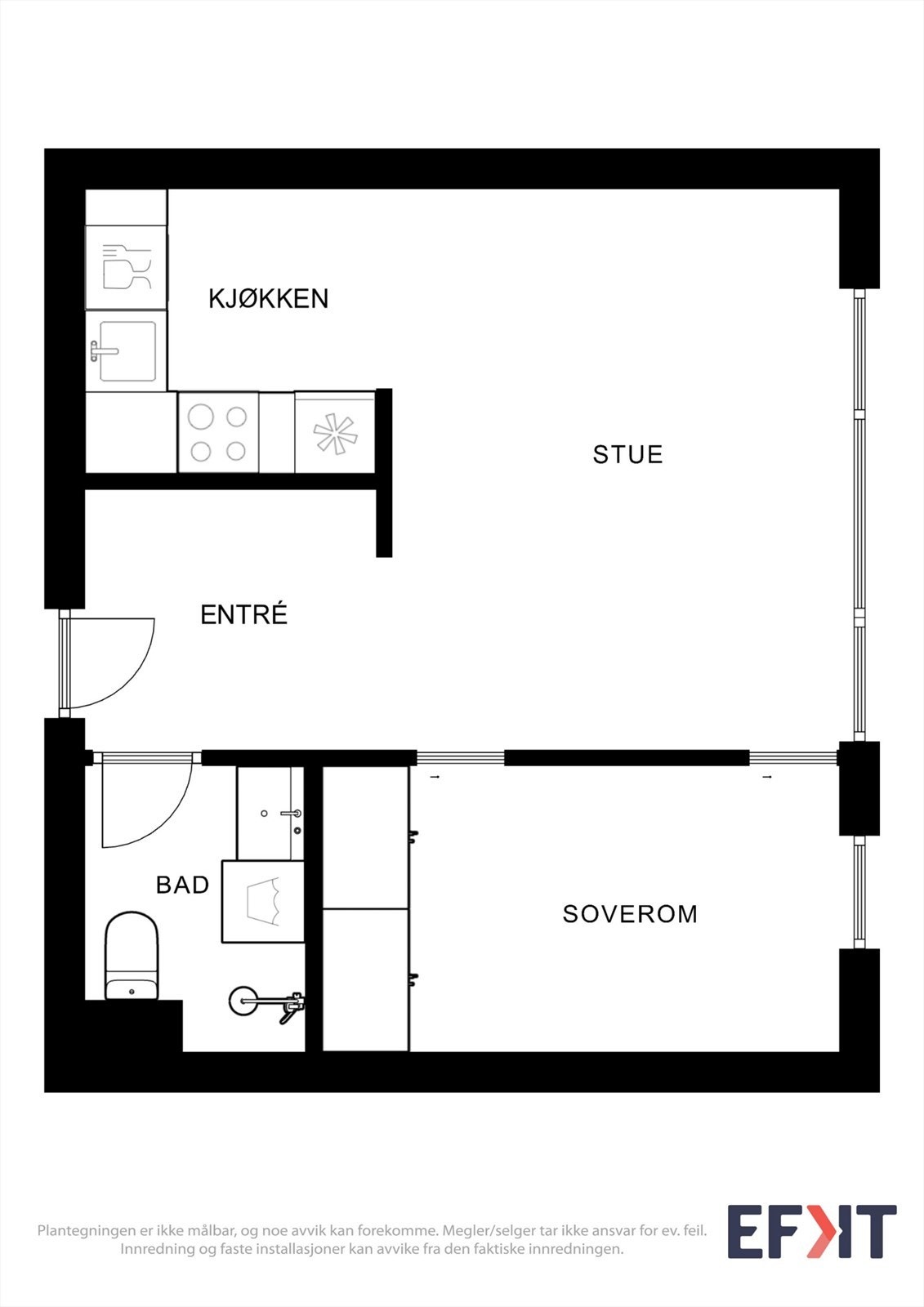 Leiligheten har en gjennomtenkt planløsning med en åpen sone for stue og kjøkken, og et soverom og bad. Galleribilde