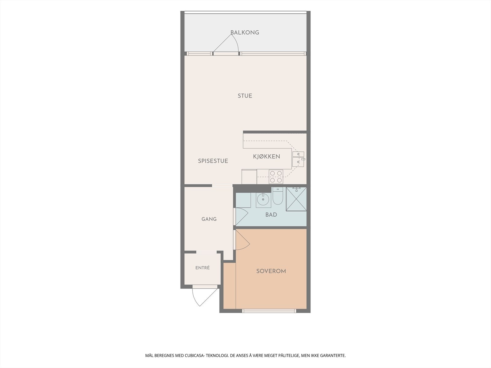 Leiligheten på 47 m² har en praktisk romfordeling med entré, bad, soverom og en åpen løsning mellom stue og kjøkken. Galleribilde