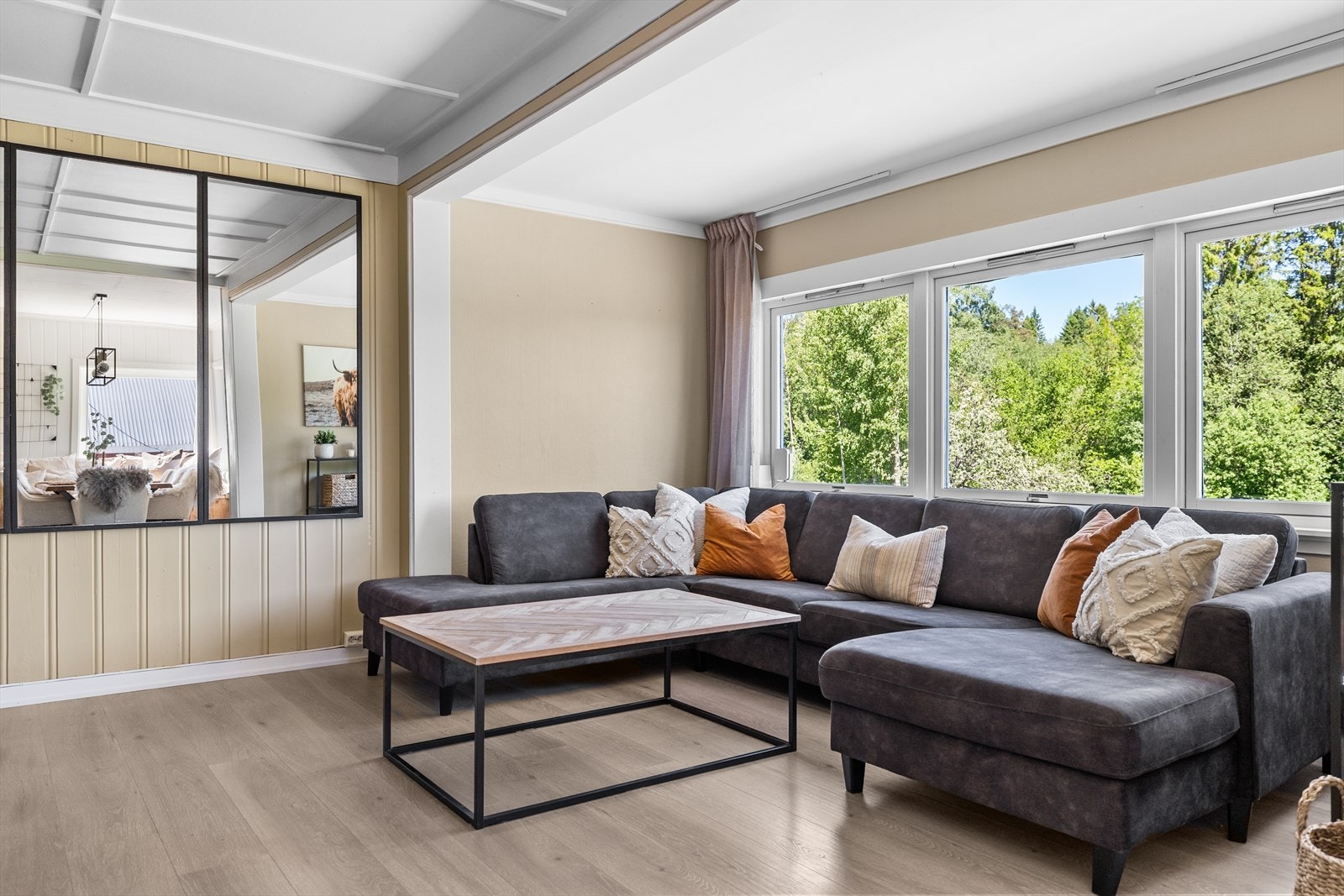 Her har du en naturlig plass til både sofagruppe, spisebord og TV med tilhørende møblement. Galleribilde