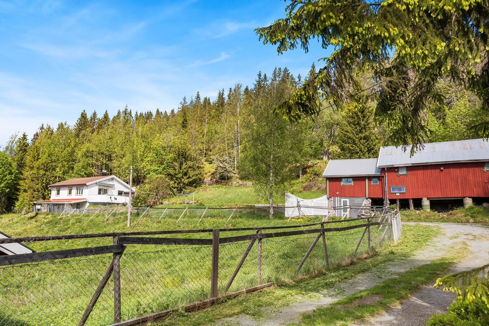Tunet med enebolig og låve, omkranset av eiendommens store utearealer. Galleribilde