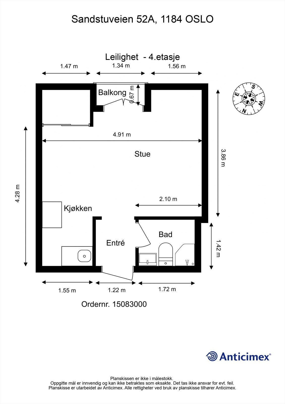 Plantegning- leiligheten ligger i 3 boligetasje, to etasjer opp fra inngangsplan. Galleribilde