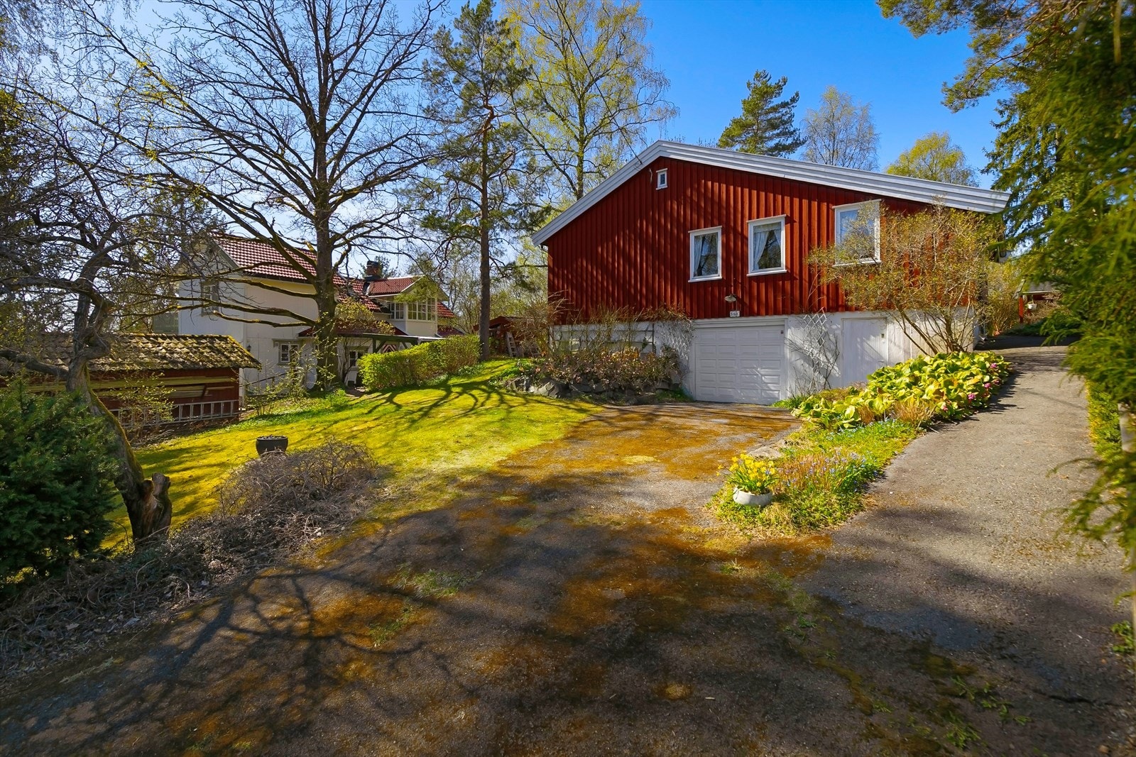 Hyggelig opparbeidet hageareal med plen, busker og gangvei. Galleribilde