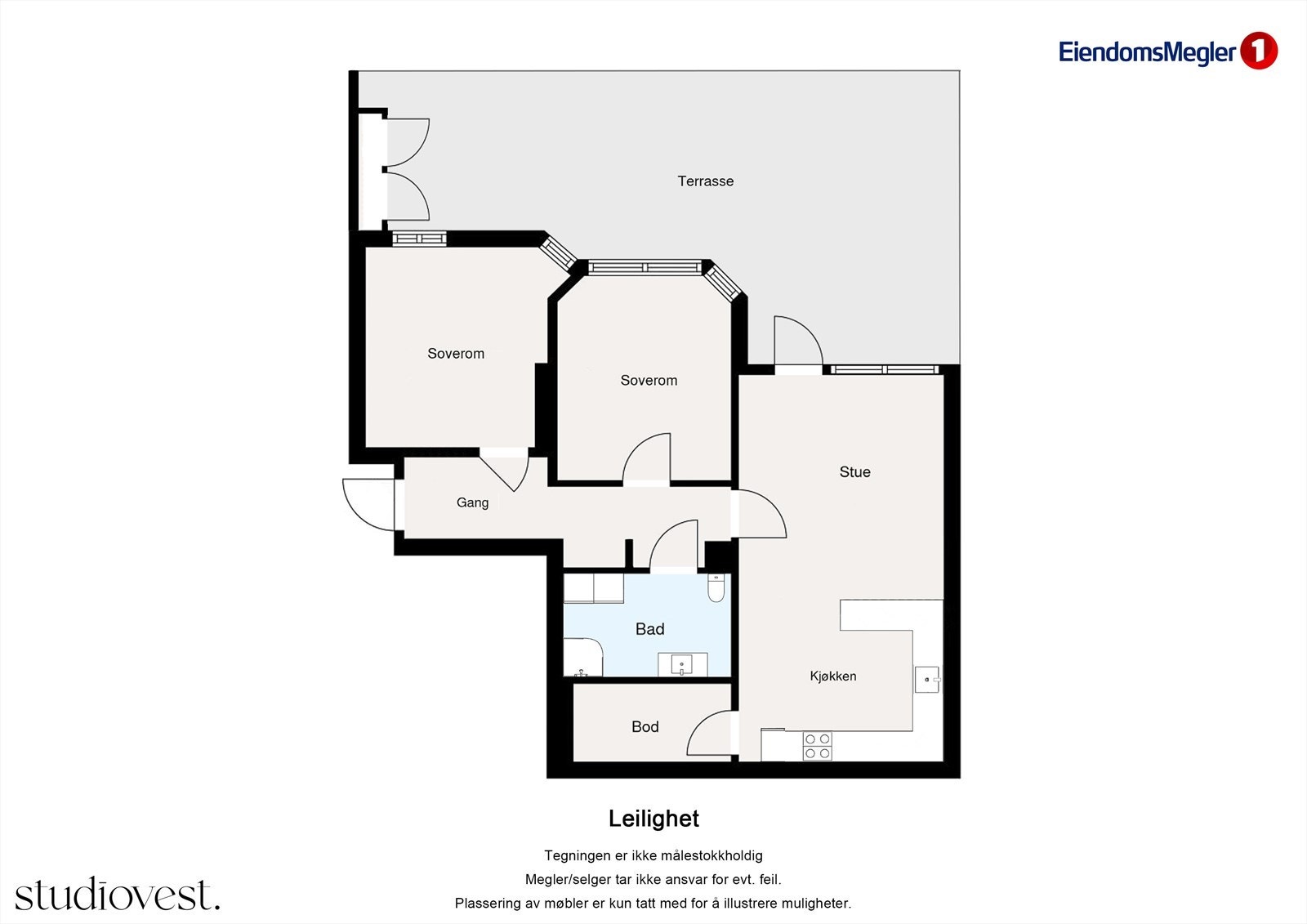 Leiligheten har en praktisk planløsning på ett plan, med åpen stue- og kjøkkenløsning, to soverom, bad og en innvendig bod. Galleribilde