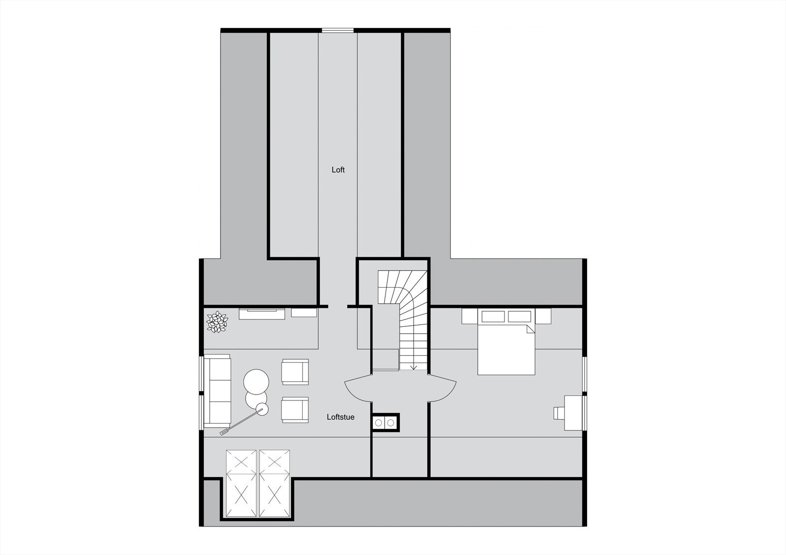 Plantegning loft - Loftet har et stort uinnredet rom som benyttes som lagringsrom i dag. Galleribilde