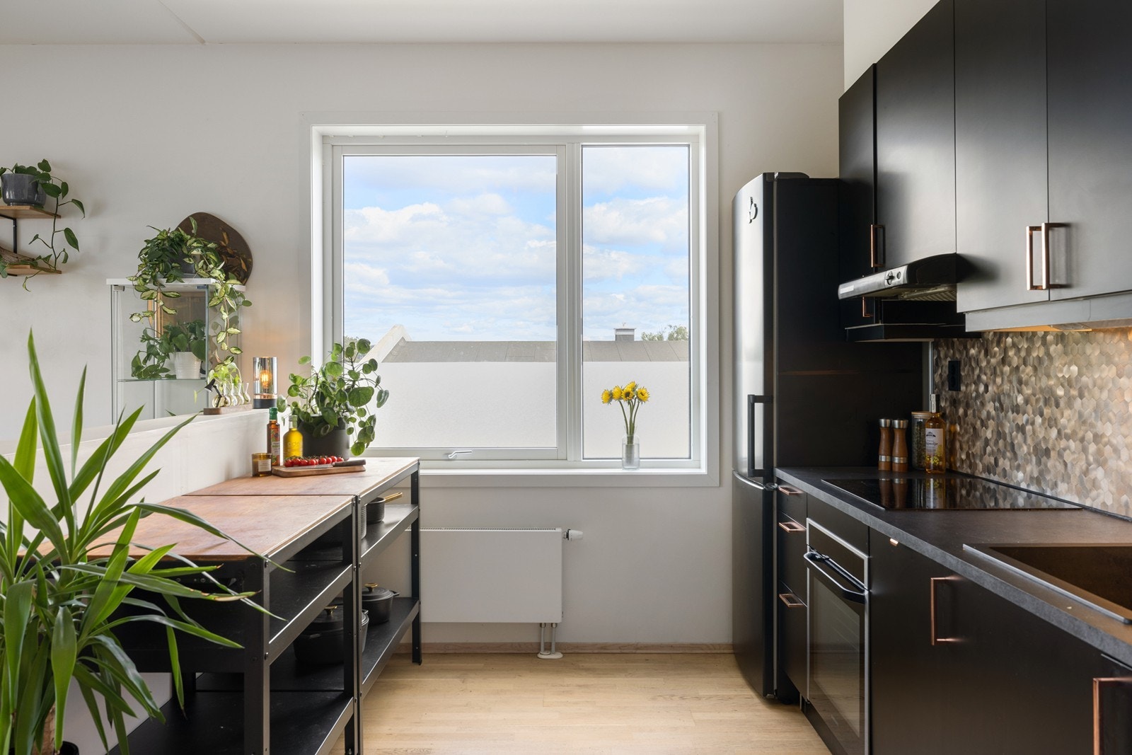 Det er montert integrert oppvaskmaskin, stekeovn og nedfelt platetopp. I tillegg er det plass til frittstående kjøleskap. Galleribilde