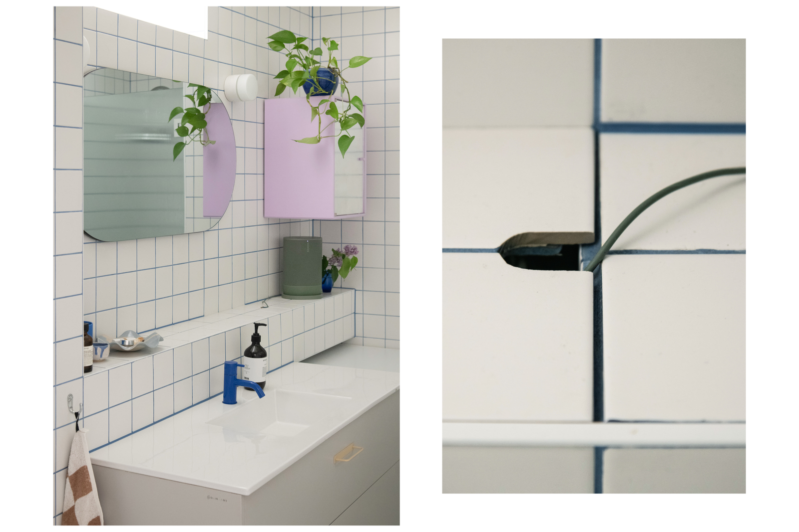 Innredningen består av en praktisk skuffeløsning med nedfelt servant og armatur i blå utførelse, elegant tilpasset fugenes fargetone for et helhetlig uttrykk. Galleribilde