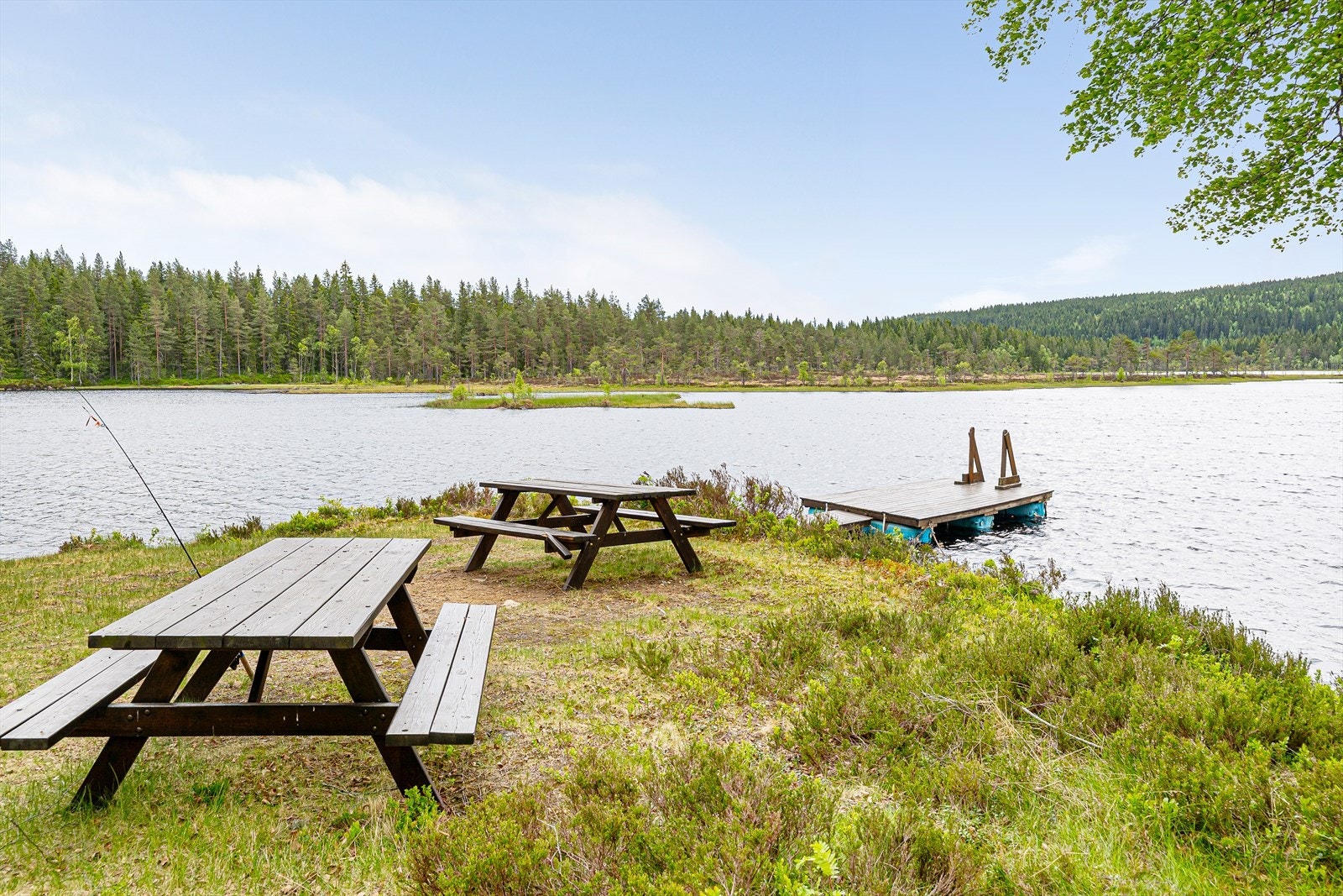 Fellesområder med badebrygge og rasteplasser ved vannet. Galleribilde
