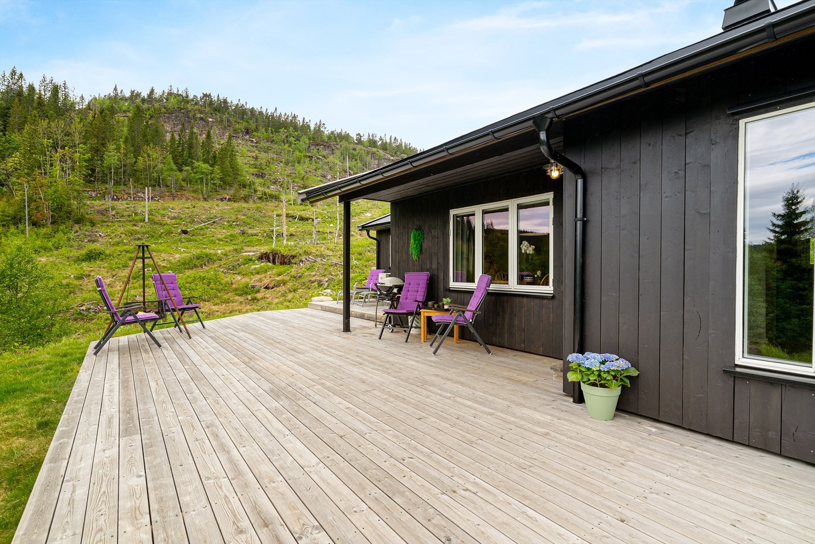 En moderne fritidsbolig med store terrasseflater som åpner opp mot naturen. Galleribilde