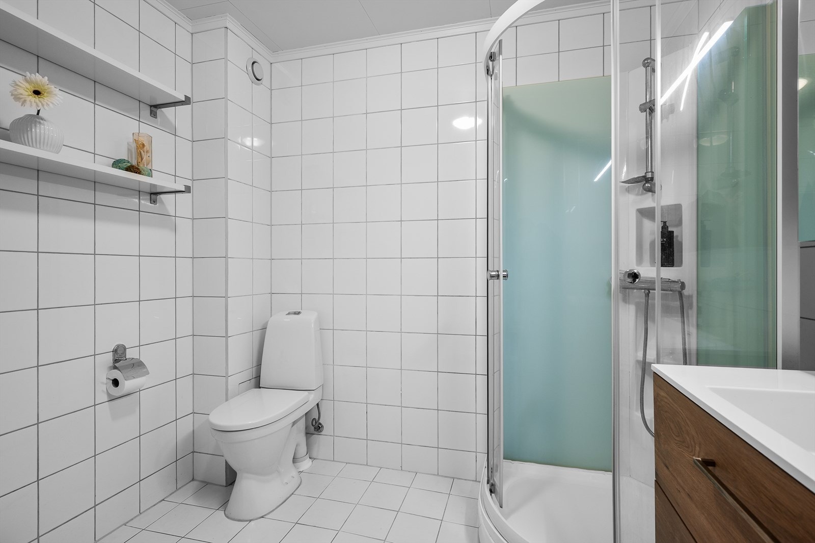 Badet i sokkeletasjen fikk ny baderomsinnredning og dusjkabinett i 2020 og nytt wc i 2025 Galleribilde