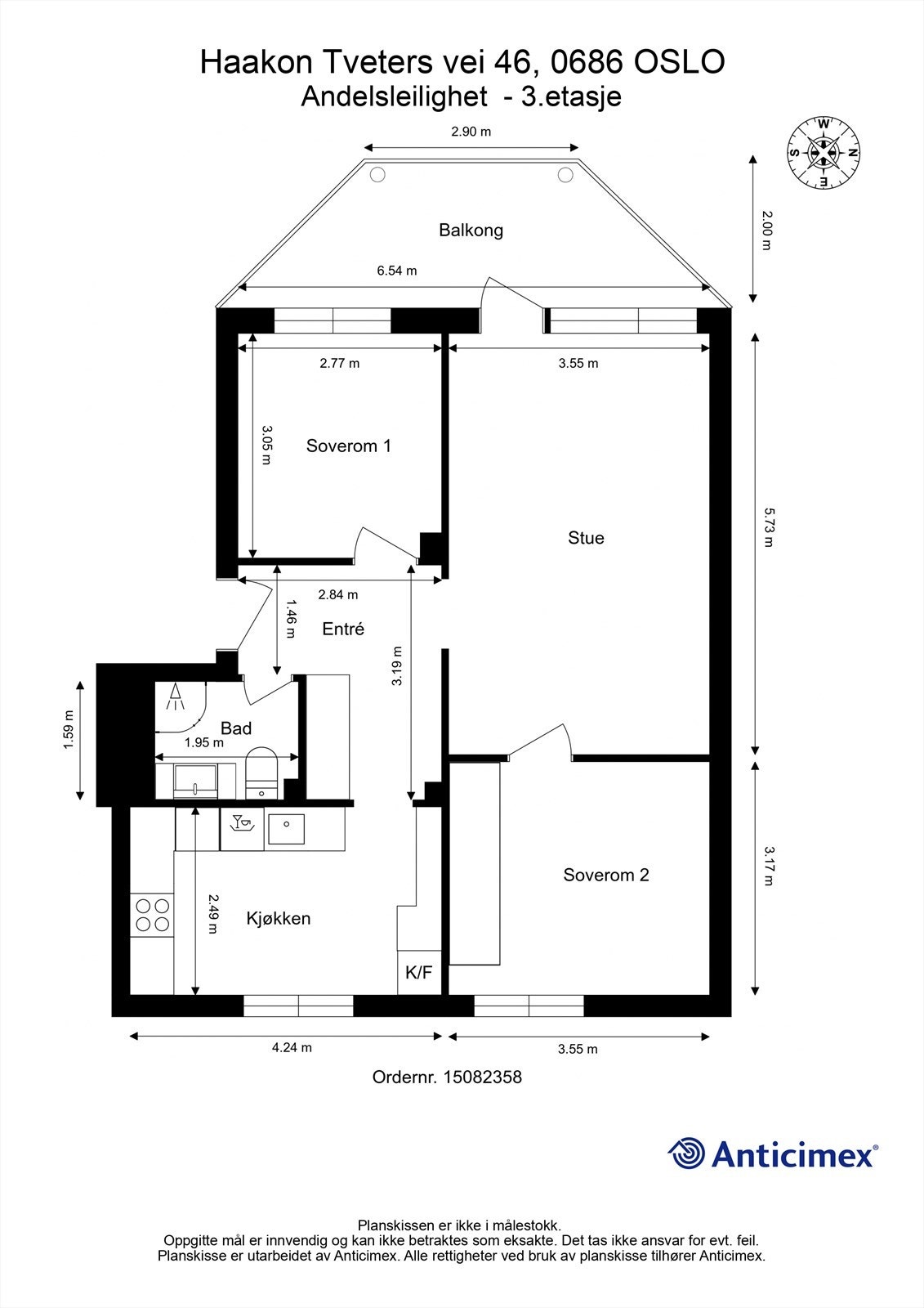 Leiligheten har en arealeffektiv planløsning med to soverom og adskilt stue/kjøkken. I tillegg disponeres to boder, én på loft og én i kjeller. Galleribilde