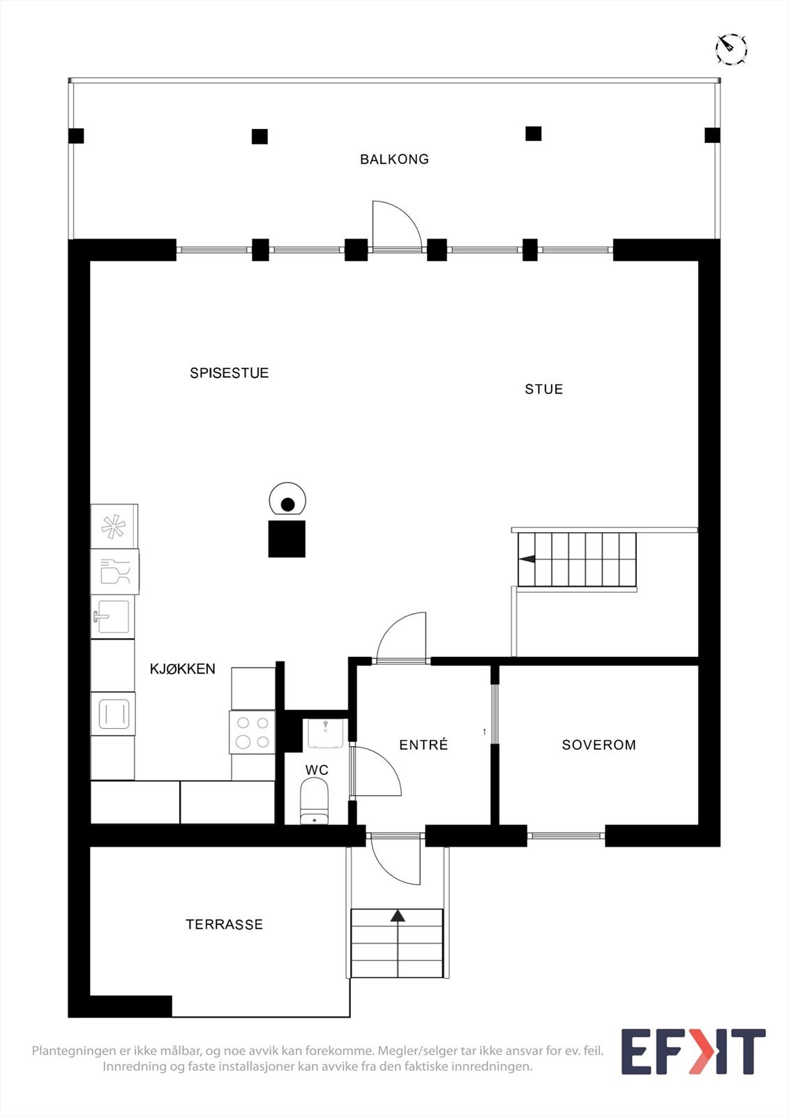 Hovedetasjen har en sosial planløsning med stue, kjøkken, ett soverom, WC og utgang til balkong. Galleribilde