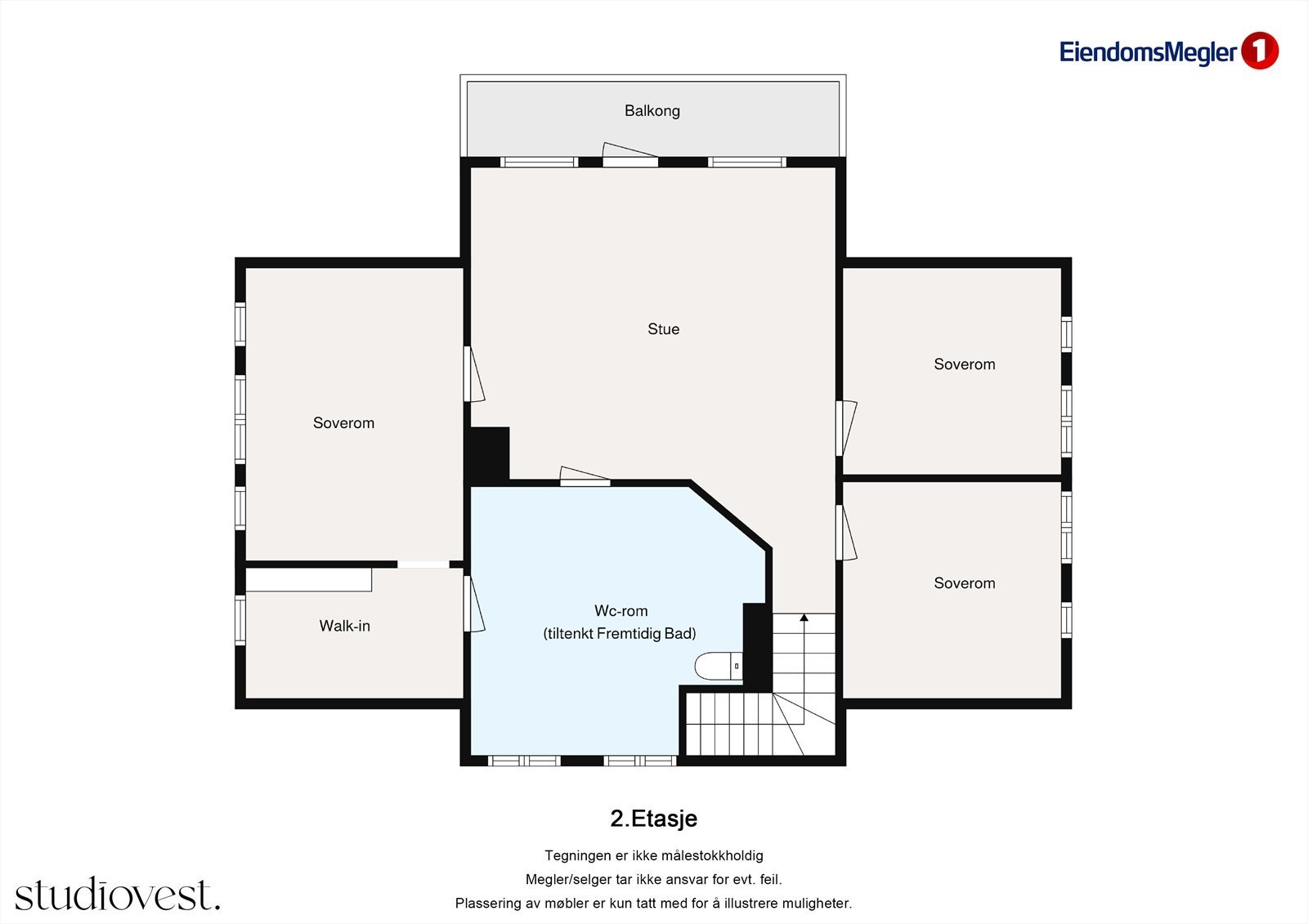 Loftsetasjen inneholder en romslig loftstue, tre soverom, garderoberom og et toalettrom/fremtidig bad Galleribilde