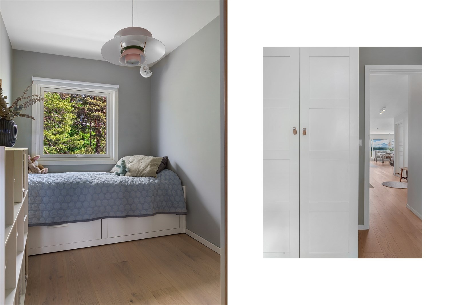 Soverom 2 er et godt og fleksibelt rom som egner seg fint som barnerom, gjesterom eller hjemmekontor. Rommet har garderobeskap og plass til seng og skrivebord, og er praktisk plassert i boligens soveromsavdeling. Galleribilde