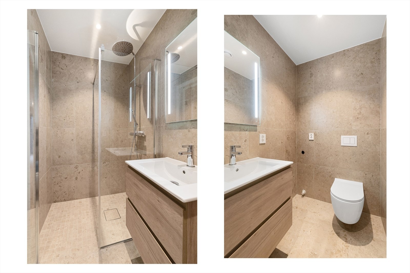 Badet er utstyrt med servant med underskap, speil med integrert belysning, toalett, dusj med regnfallsarmatur samt opplegg for vaskemaskin. Galleribilde