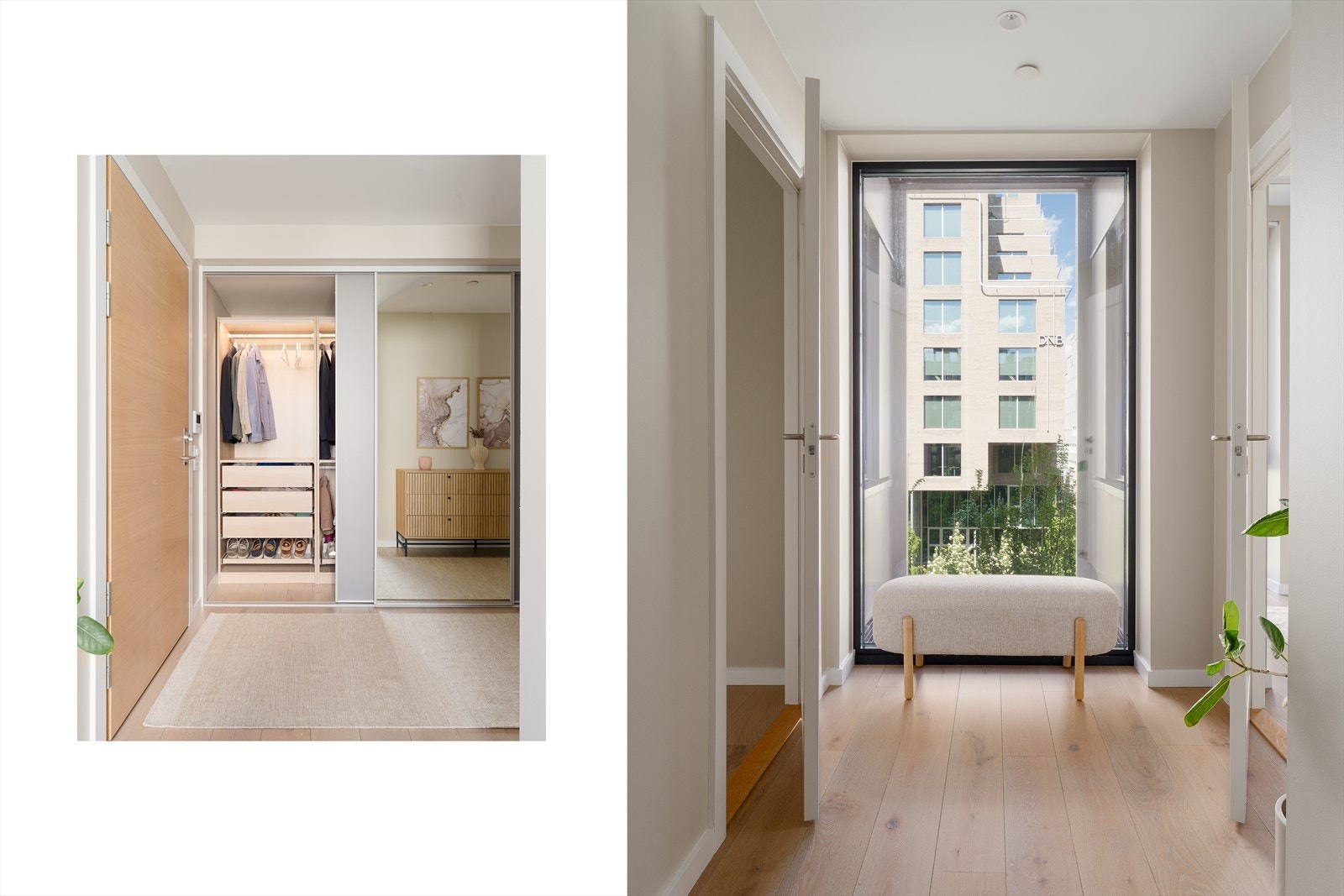 En lys og innbydende entré med parkett på gulvet og stor skyvedørsgarderobe. Galleribilde
