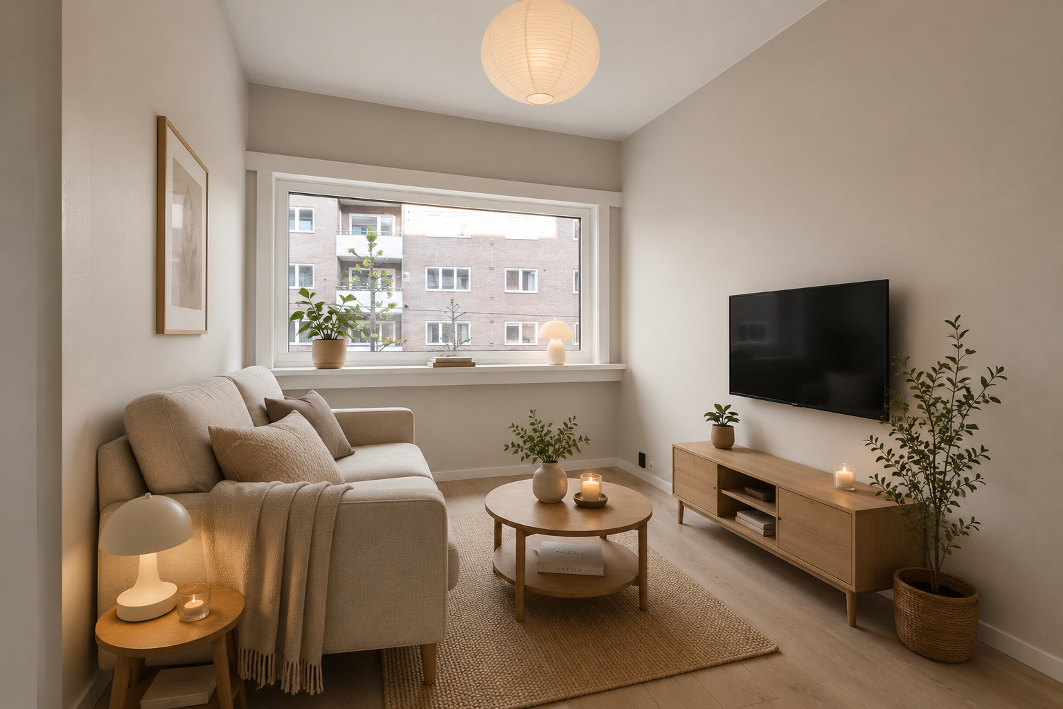 Store vinduer gir godt med naturlig lys til oppholdsrommet. Dette bilde er digitalt stylet og ment som inspirasjon. Galleribilde