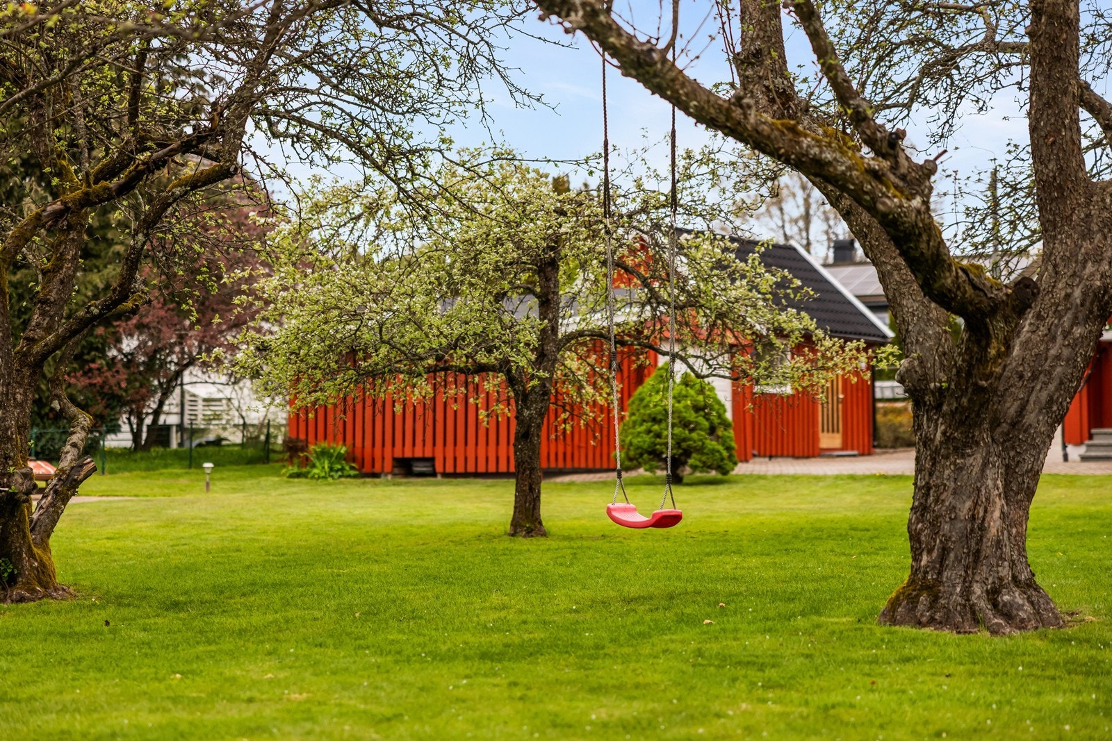 Den store, pent opparbeidede hagen er etablert med plen, hekkbeplantning og prydbusker. Galleribilde