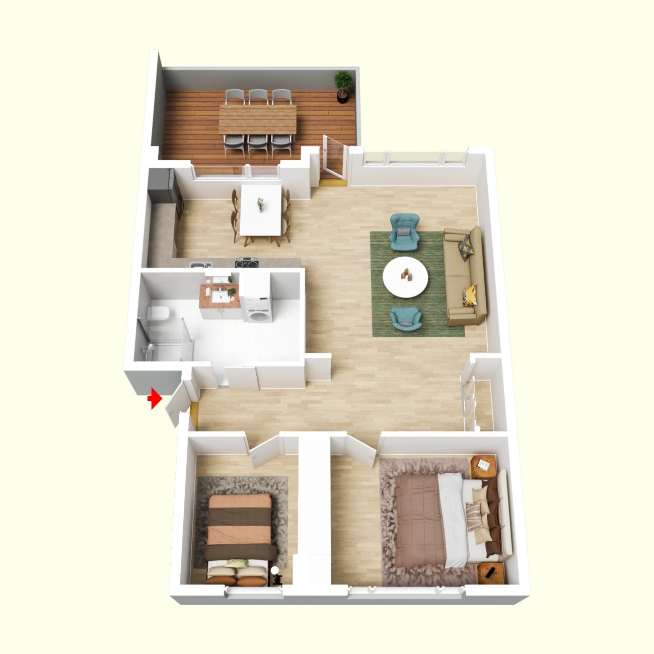 I tillegg til leiligheten, verandaen og egen biloppstillingsplass, disponerer leiligheten én bod på loftet og to i kjelleren. Galleribilde